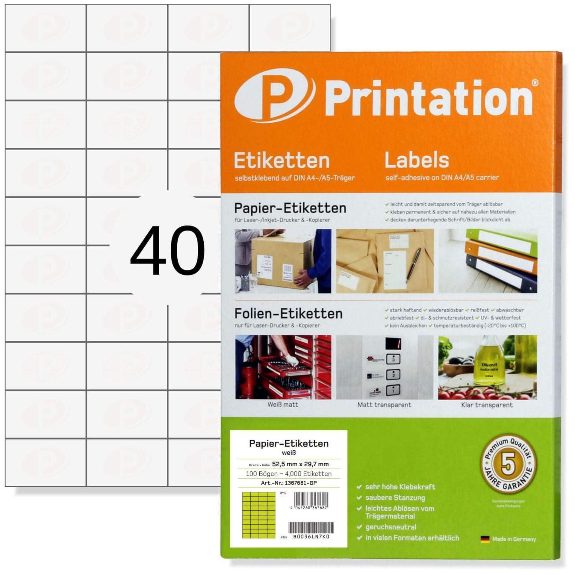 Sticky Labels 4000 Printable Self-Adhesive Multipurpose A4 Sheets for Inkjet & Laser Printers - White 52.5 x 29.7 mm