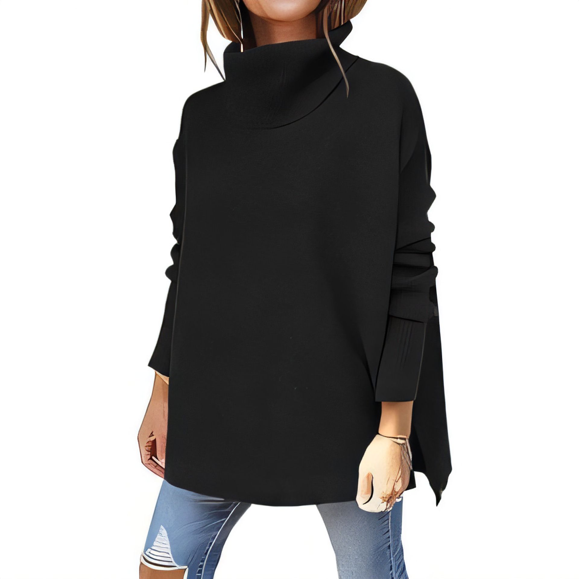Women's Turtleneck Knitted Jumper Oversized Batwing Sleeve Pullover Casual Winter Sweater - Black M