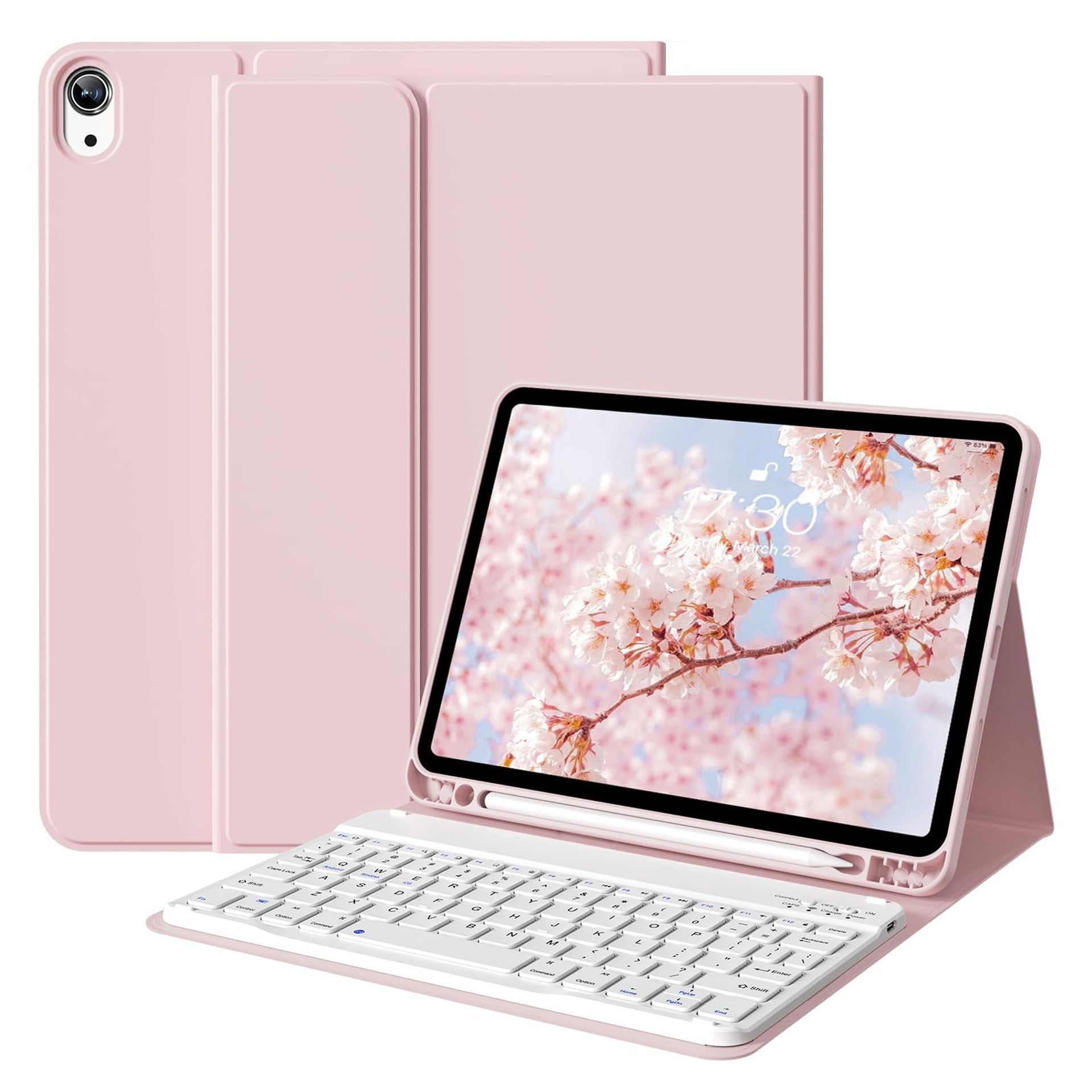 Keyboard Case with Bluetooth for iPad Air 11-Inch M3/M2 & iPad Air 10.9 5th/4th Gen, Detachable Slim Cover with Pencil Holder - Pink - Student Essentials