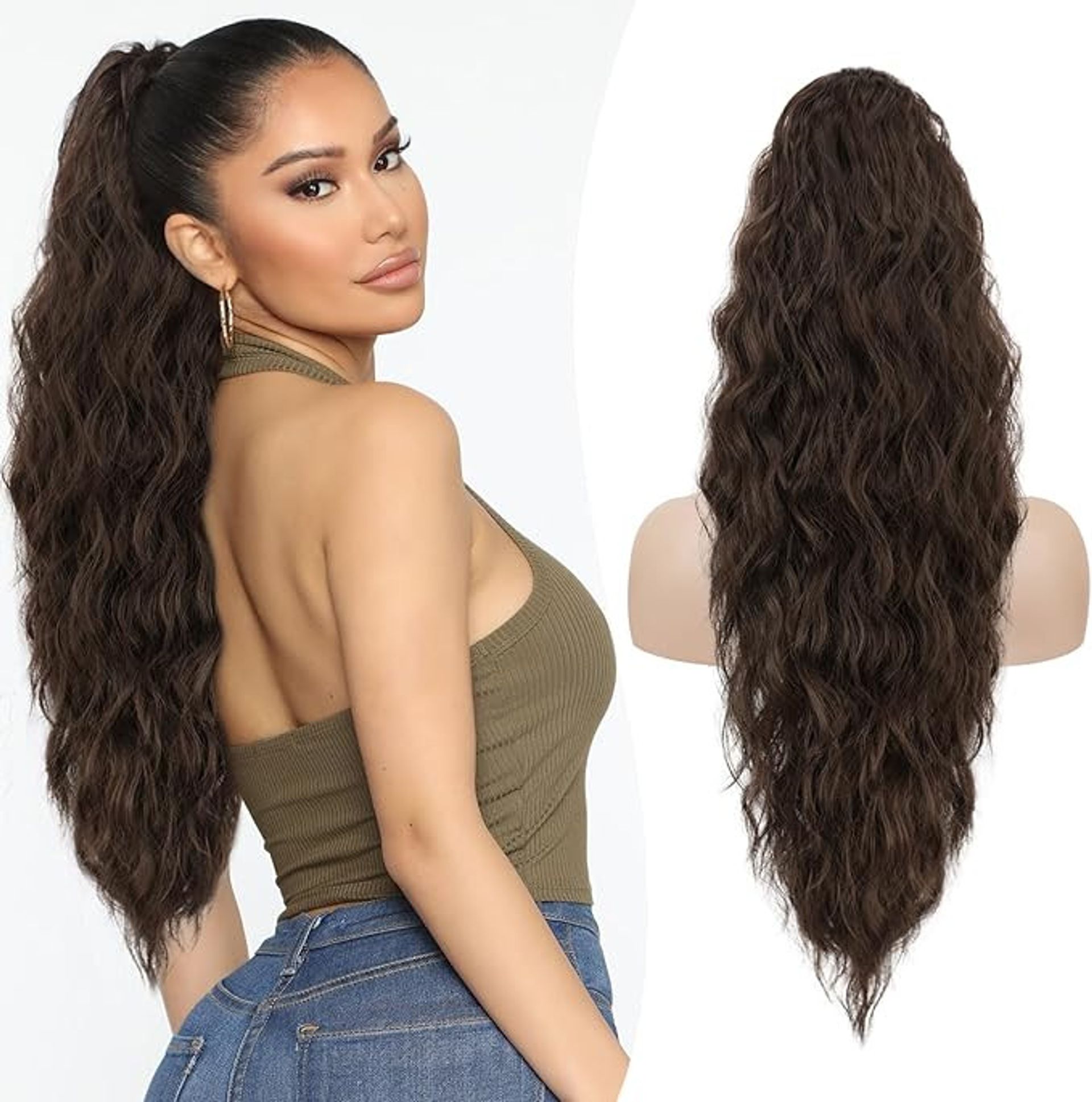 Drawstring Ponytail Extension 26-Inch Long Beach Wave Curly Synthetic Hairpiece for Women - Dark Brown 26 Inch