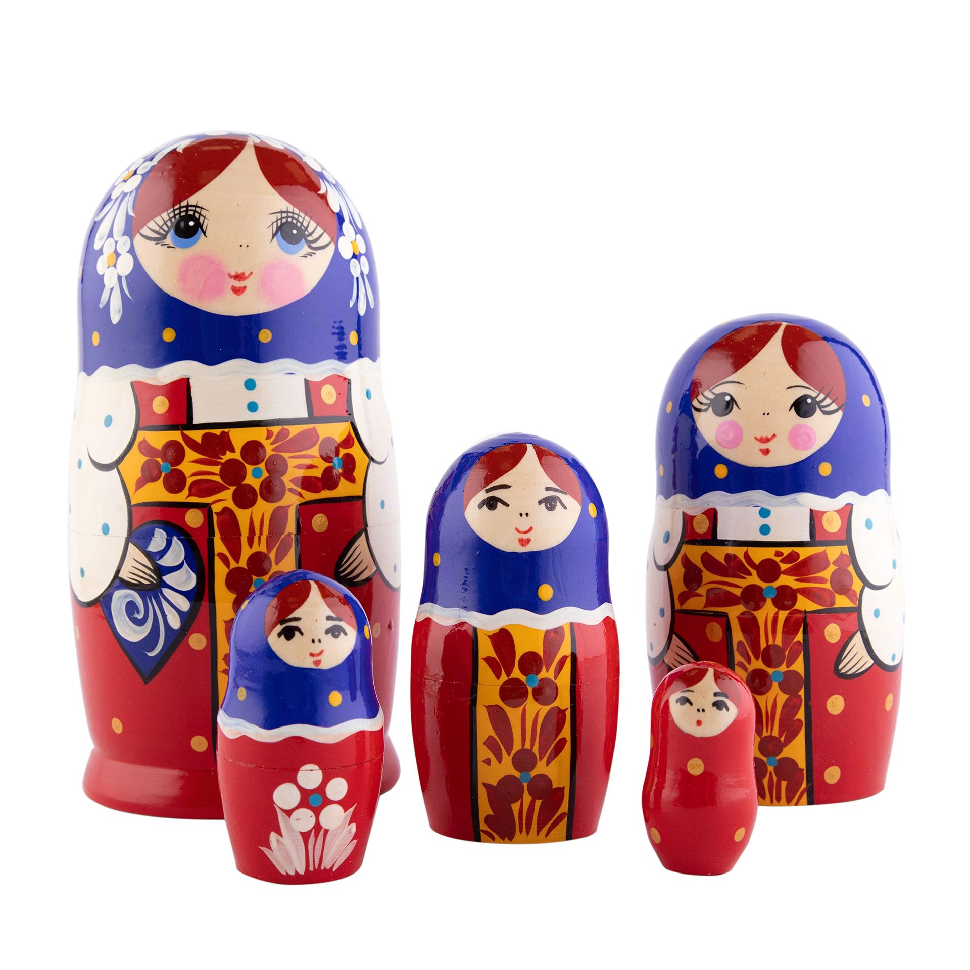 Wooden Matryoshka Nesting Dolls Set of 5 Handmade Folk Art Ornament - Red Sarafan 18 cm