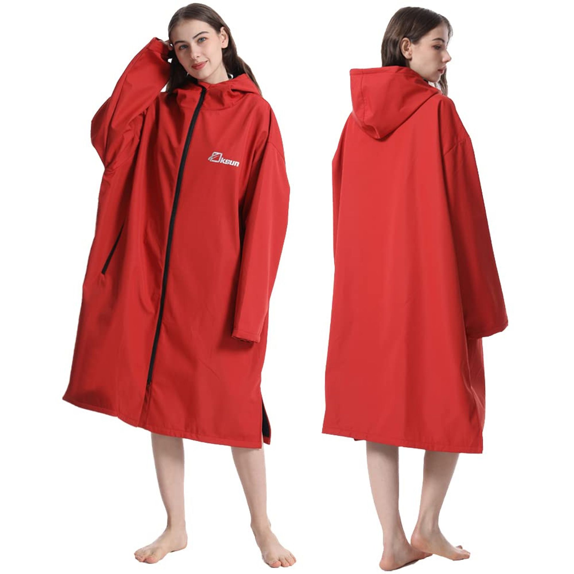 Waterproof Changing Robe for Adults Windproof Hooded Swim Poncho Coat - Red L-XL