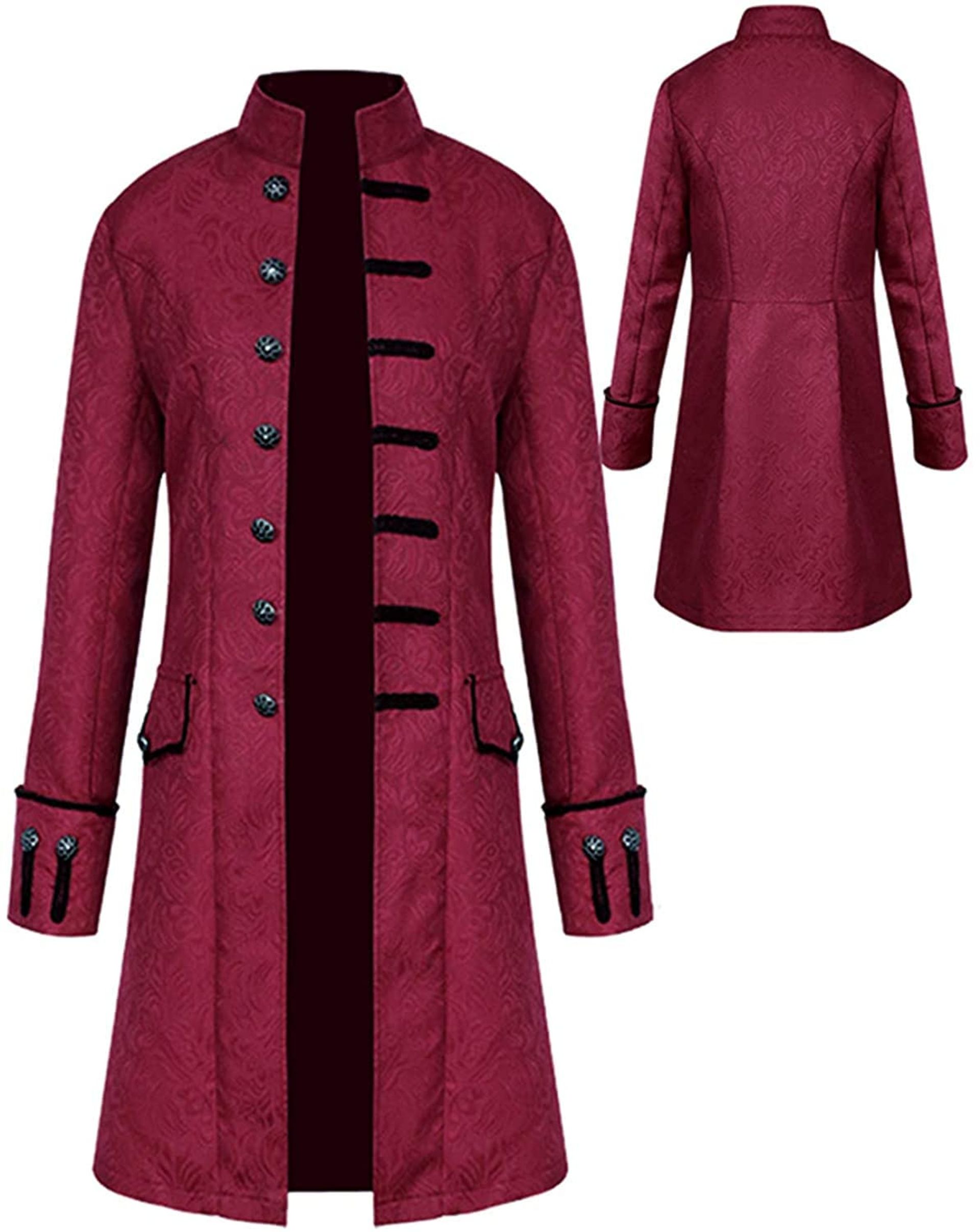 Men's Medieval Steampunk Gothic Victorian Frock Coat Costume Jacket Smart Tailcoat - Red S