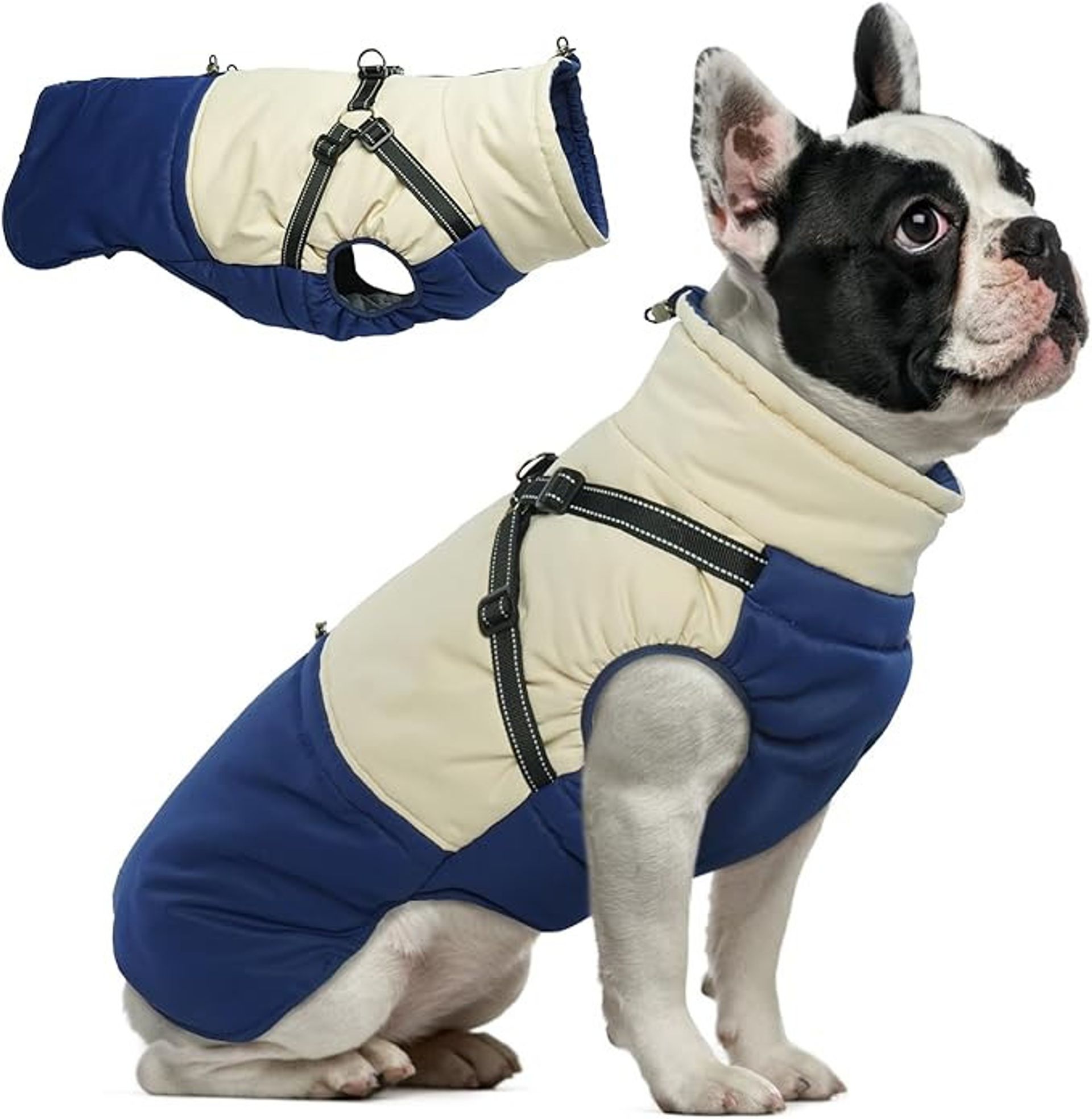 Dog Coat with Built-in Harness Water-Resistant Fleece Jacket Reflective Zip Design - Navy Blue Large