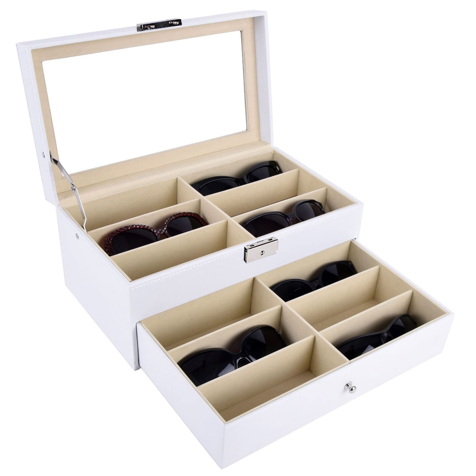 Leather Eyeglass and Sunglass Storage Box 12 Slot Display Drawer Lockable Case - White 12 Compartments