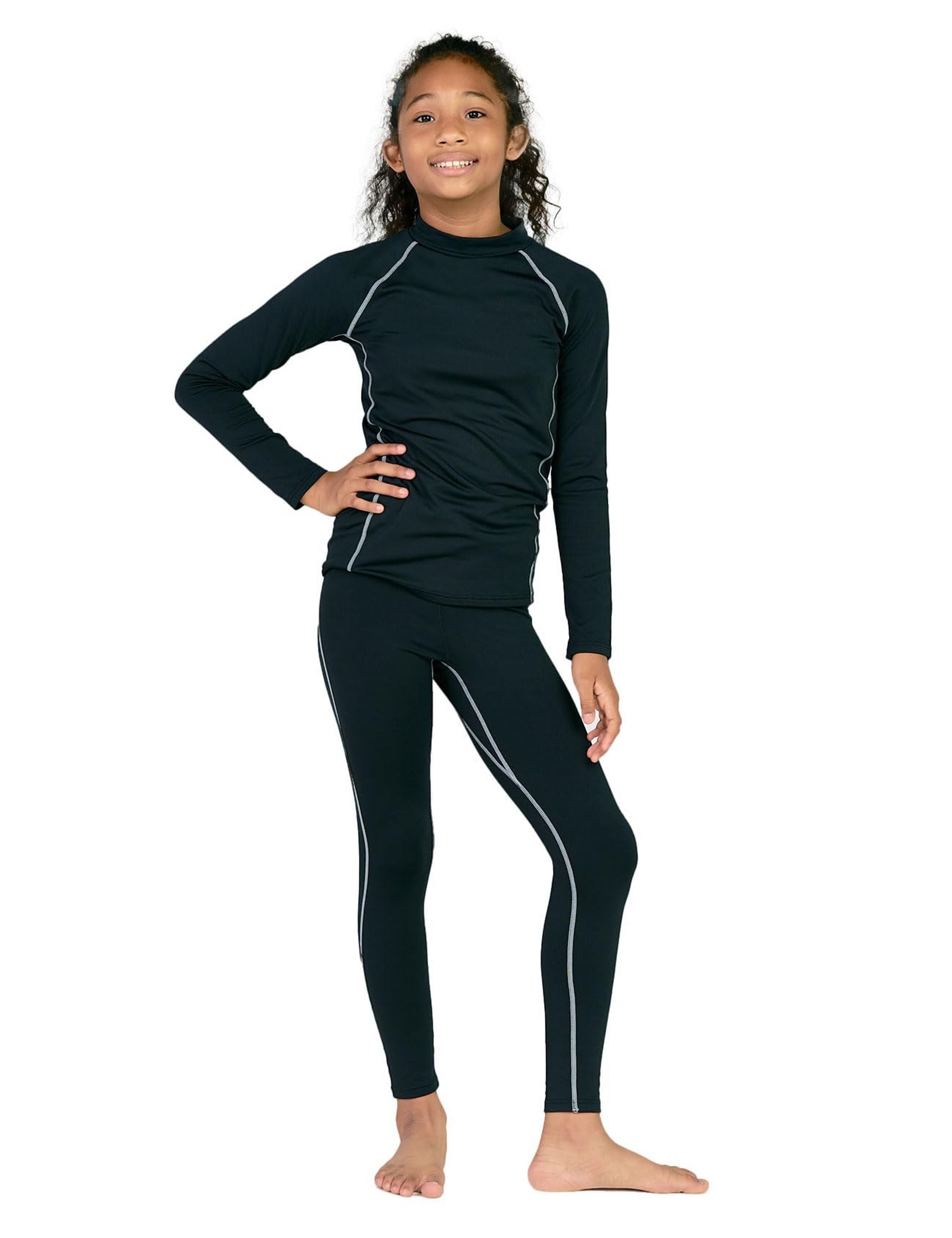 Girls' Sports Thermal Underwear Set Breathable Soft Base Layer Top & Bottom Long Johns - Black 5-6 Years