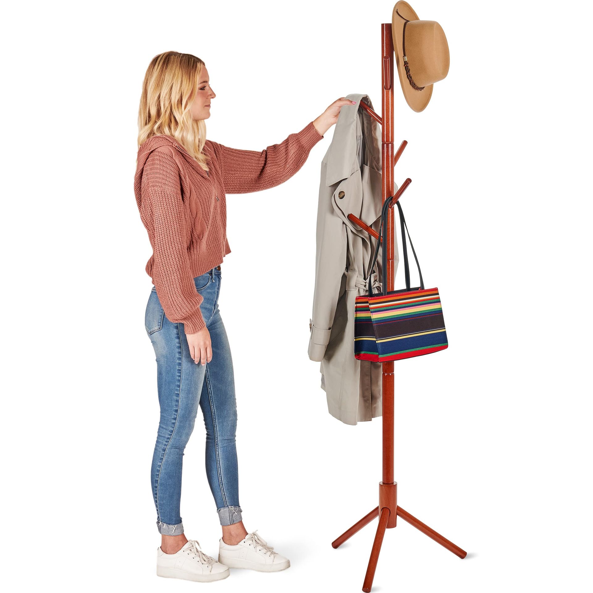 High-Grade Wooden Tree Coat Rack Stand 6 Hooks Easy Assembly Adjustable Free Standing Hallway Hanger - Cherry Wood 12x45x174cm