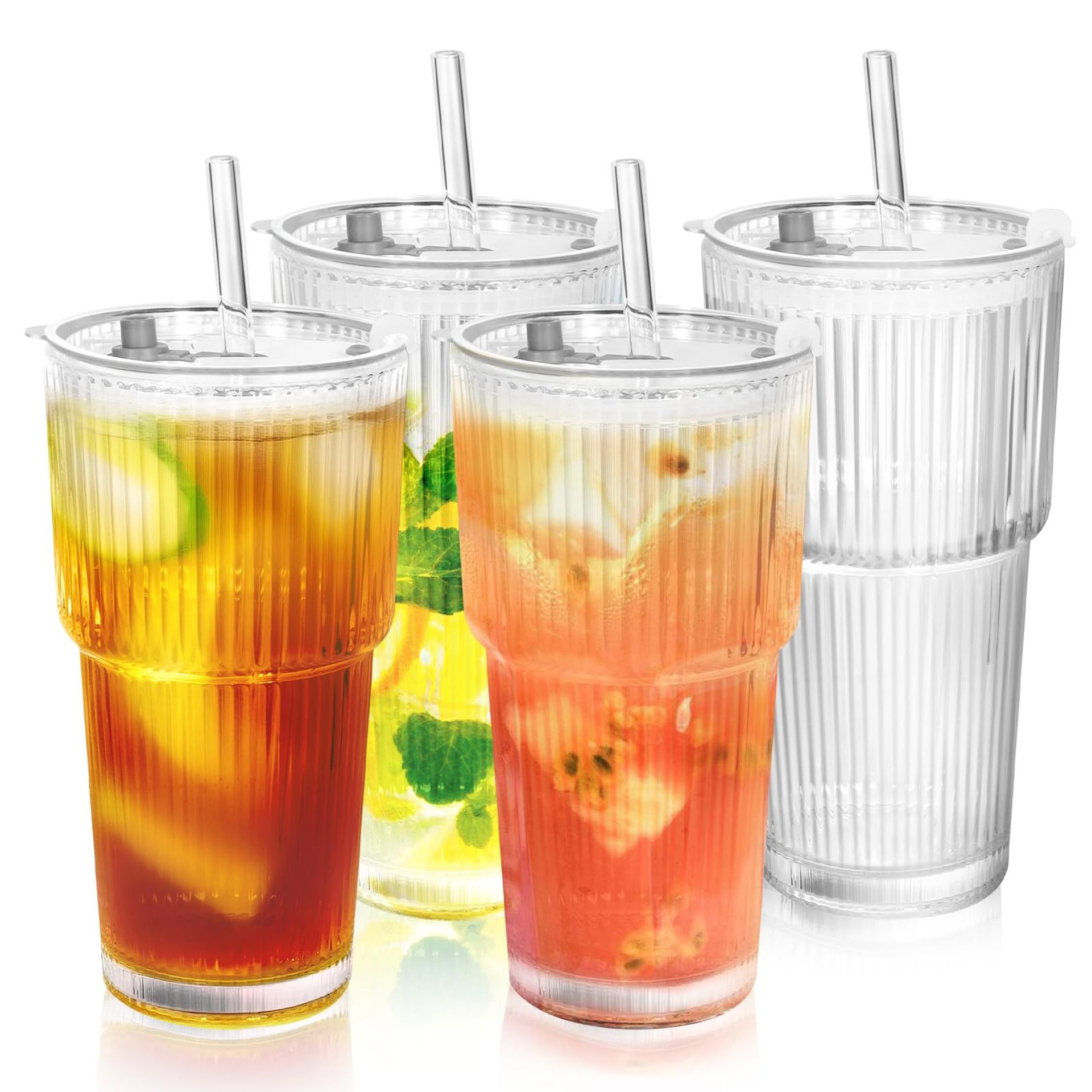 Glass Tumbler Set of 4 with Lid and Straw Elegant Textured Reusable Drinking Glasses for Iced Coffee, Smoothies and Cocktails - 4packs Plastic Lid 20oz