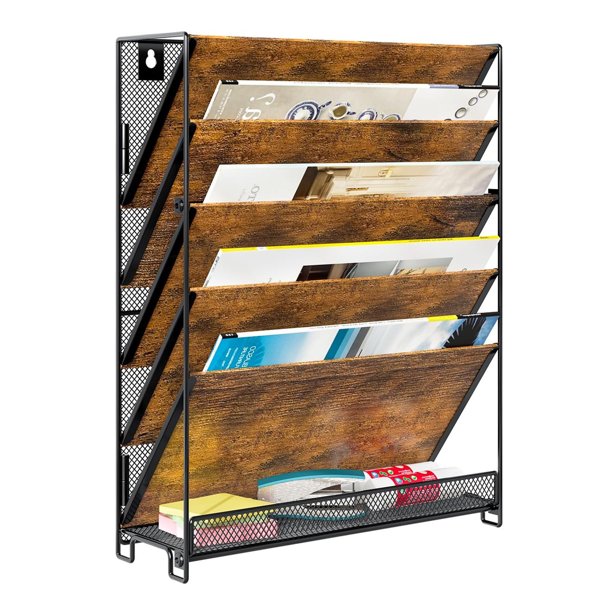 6 Tier Wall Mounted File Holder Metal & Wood Document Organiser Rack - Brown 6-Tier