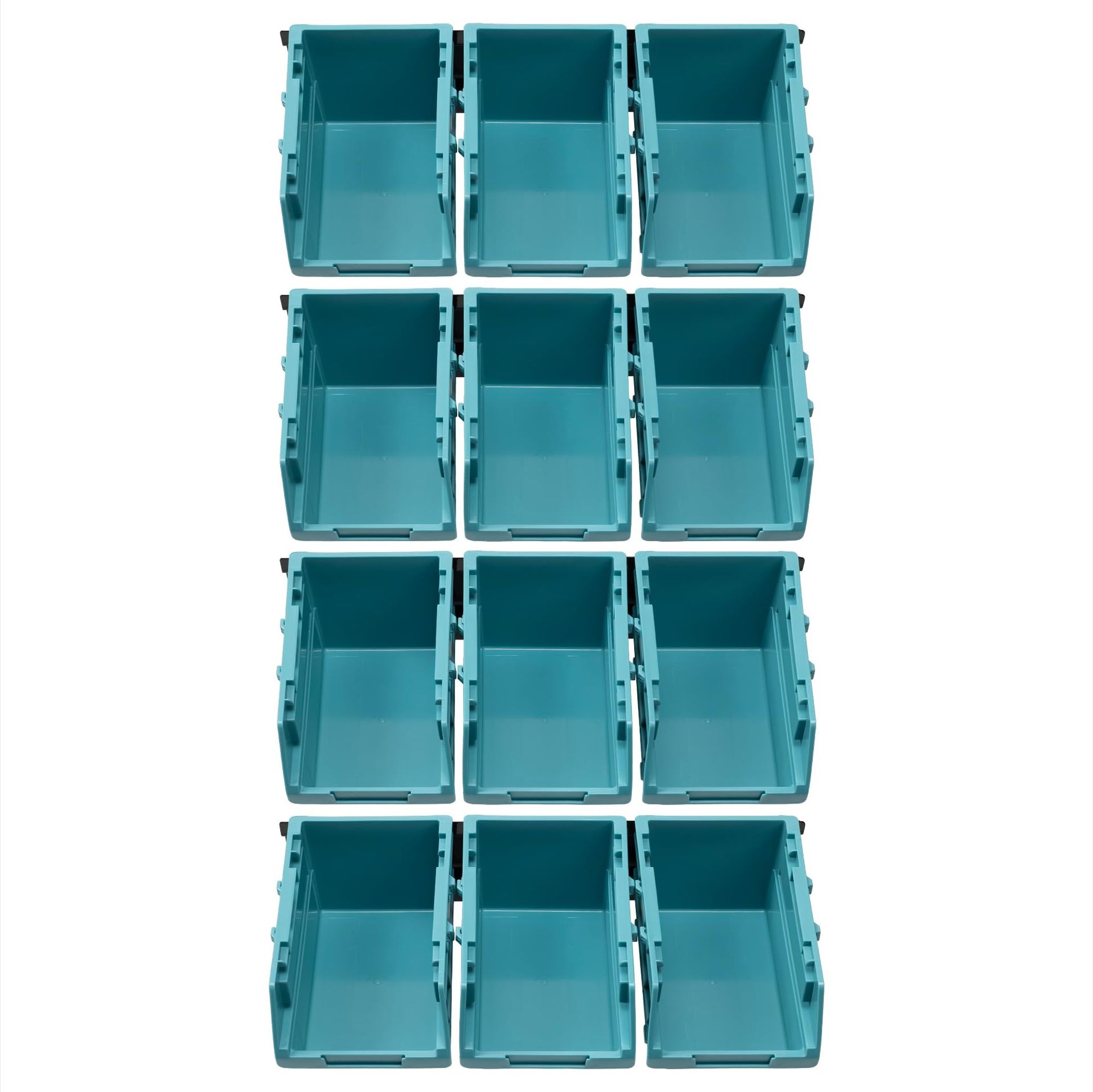 Interlocking Plastic Wall Mounted Storage Bins with 3 Rails and 12 Compartments for Screws, Nails and Small Parts - Petrol 33 cm