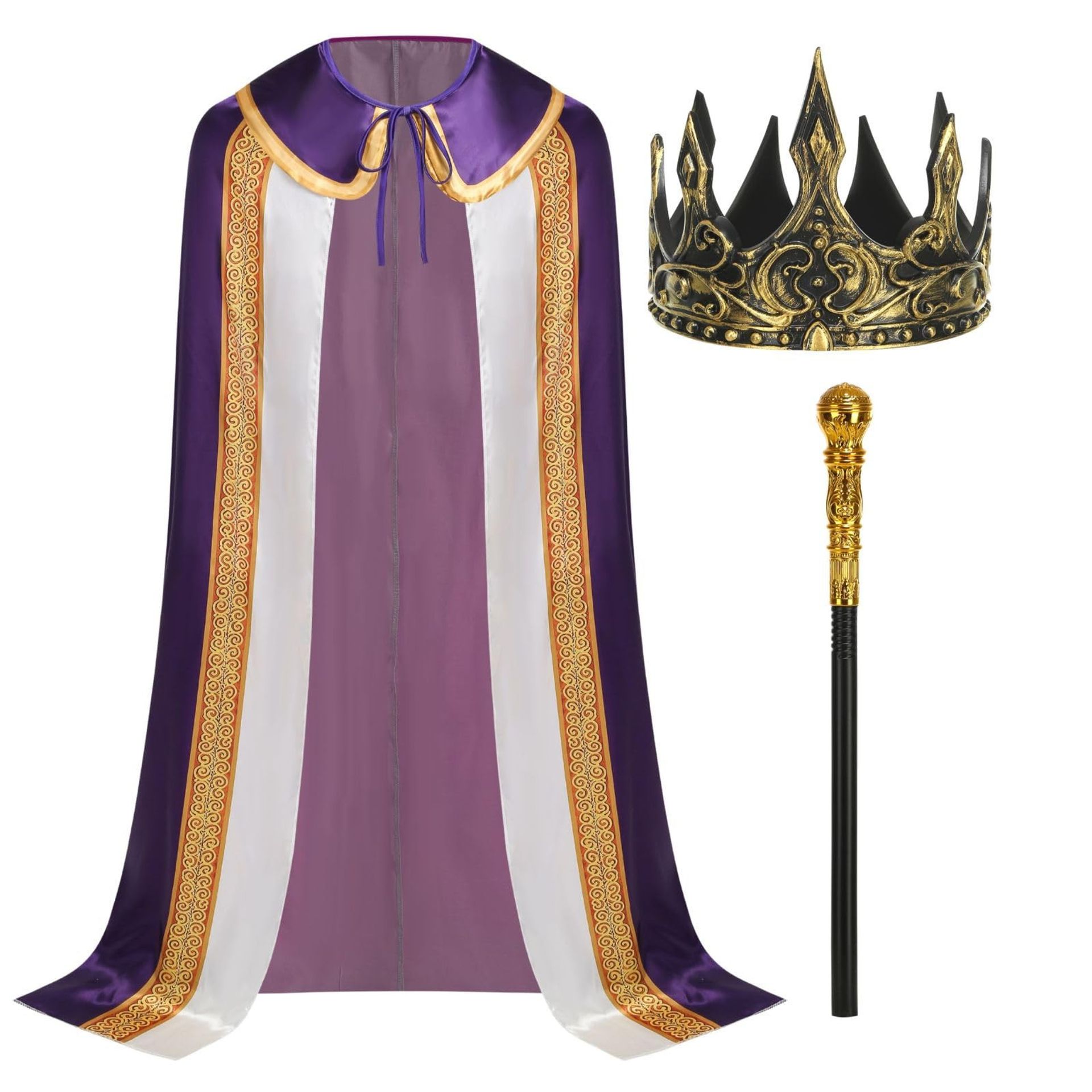 Adult King Cloak Medieval Prince Fancy Dress Costume with Crown Detailing - Golden Edged Purple 130CM/51.2''