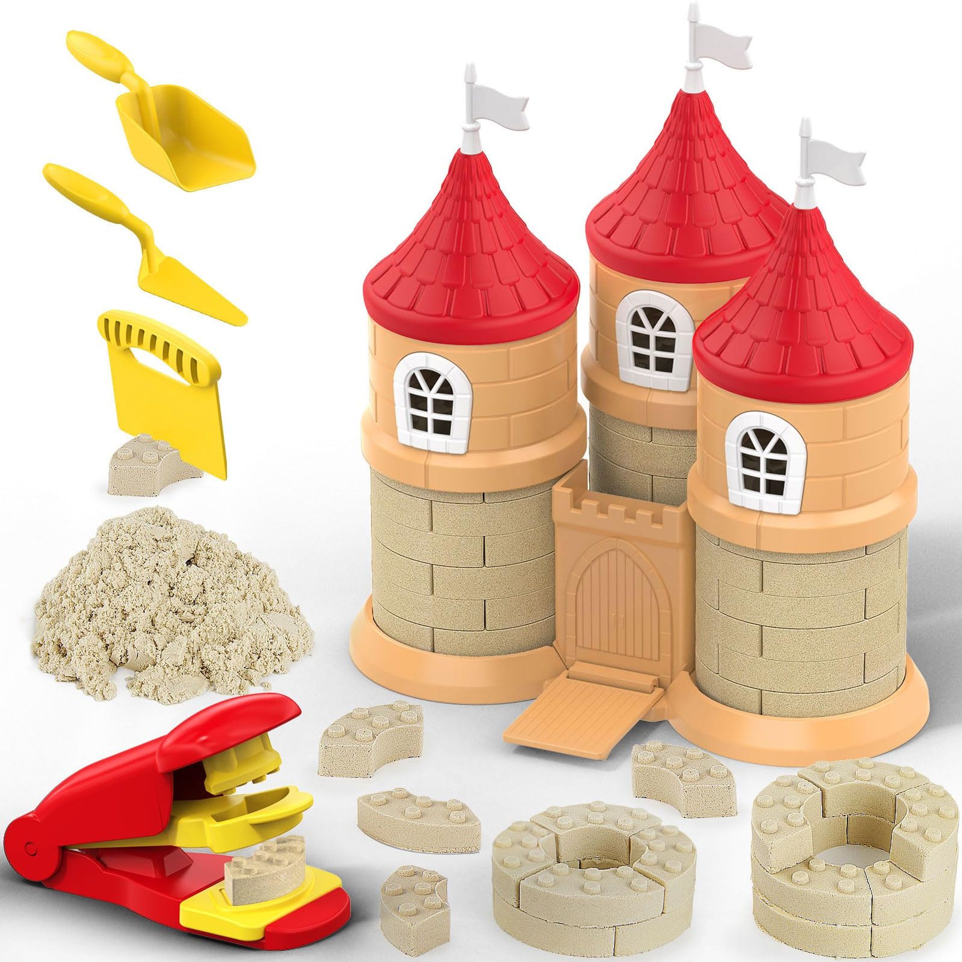 Play Sand Set 1.7 lbs Mouldable Sensory Sand with Moulds, Brick Press & Tools for Kids Aged 3+ - Castle S to M