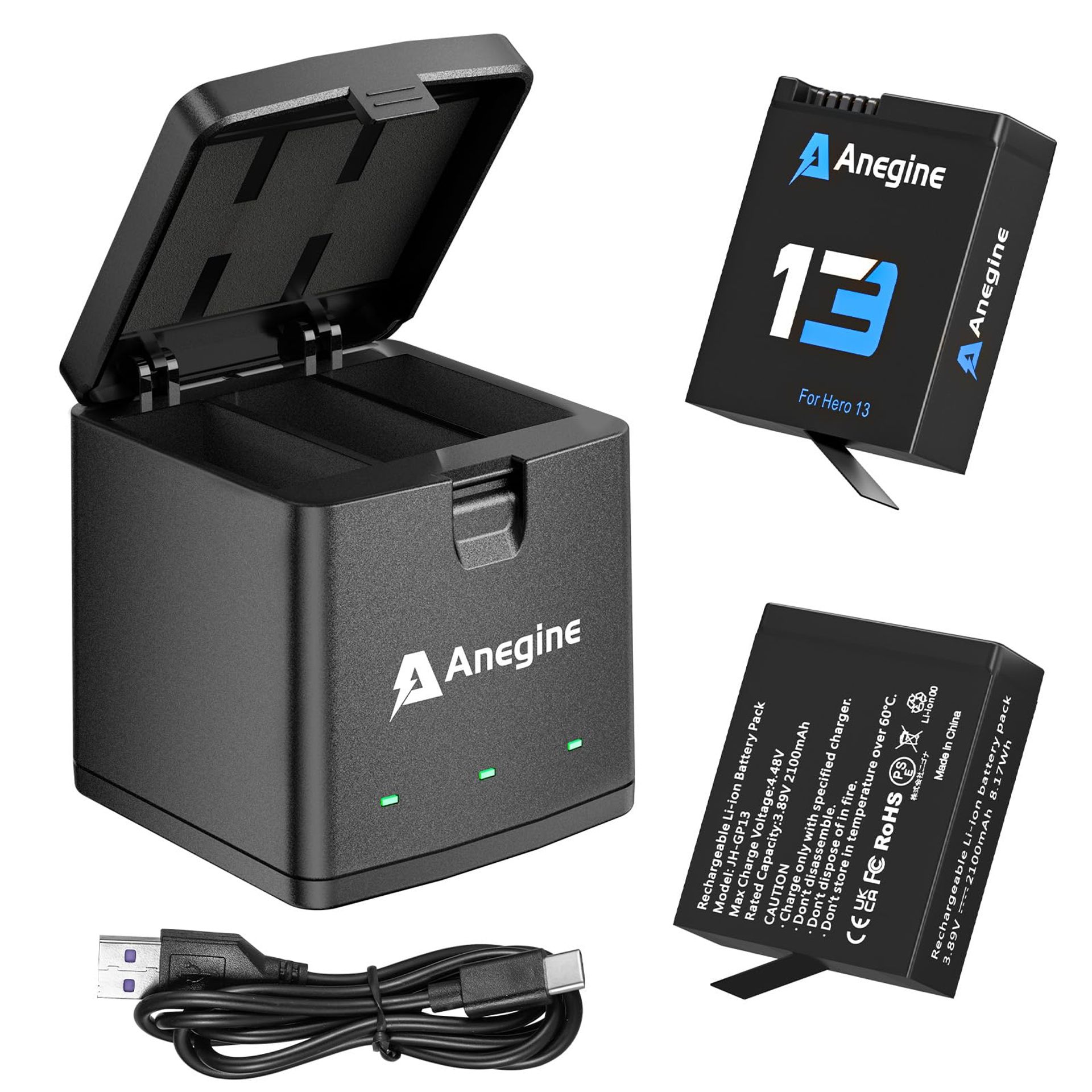 Action Camera Battery Kit 2100mAh with LED 3-Slot Type-C Charger 2-Pack - Black