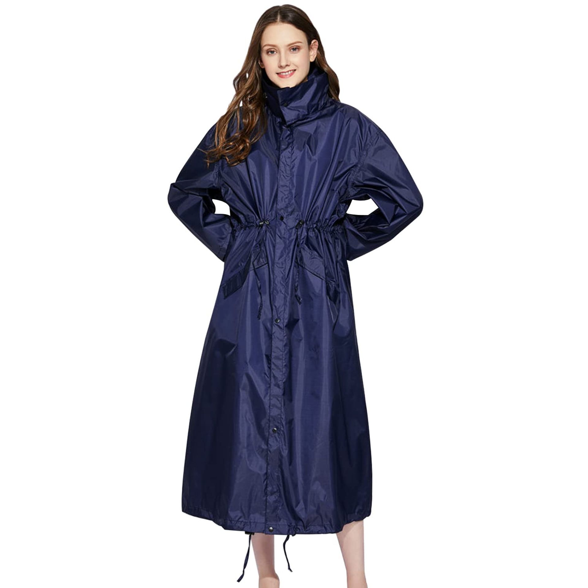 Women's Waterproof Rain Poncho Lightweight Long Hooded Rain Coat Outdoor Rainwear - Blue L
