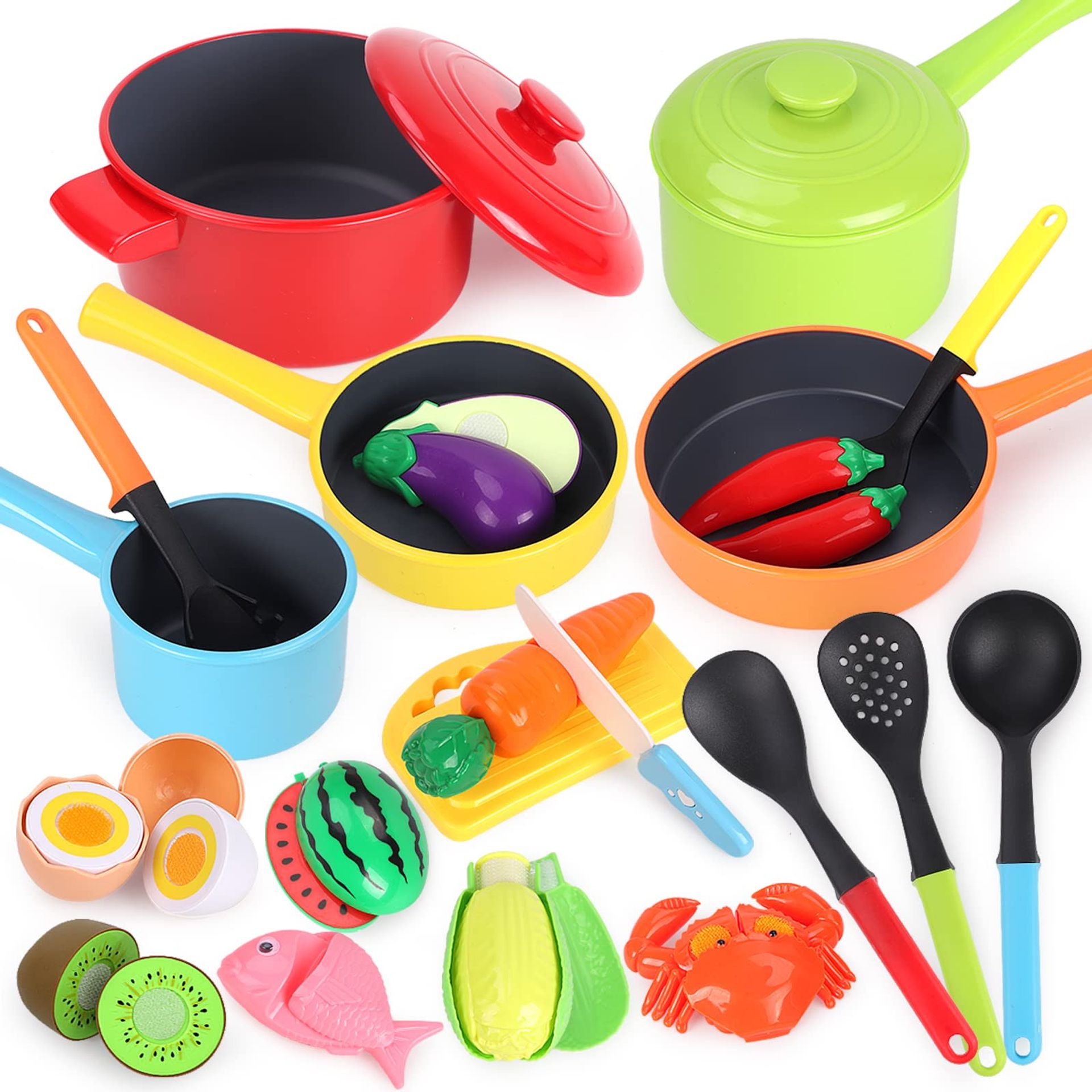 Kitchen Pretend Play Set with Cutting Fruit, Food Toys and Cookware Pots, Educational Role Play Toy for Toddlers Ages 3-8 - Red 26-CK-PT-AA034
