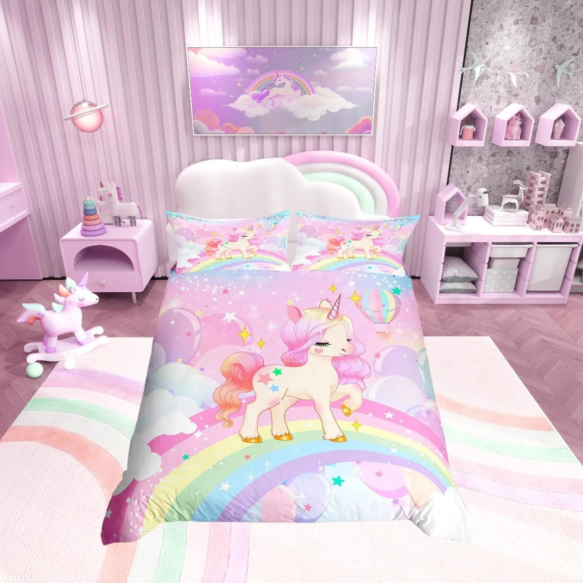 Unicorn Girls Bedding Set Cute Rainbow Galaxy Stars Duvet & Pillowcases - Pink Purple King