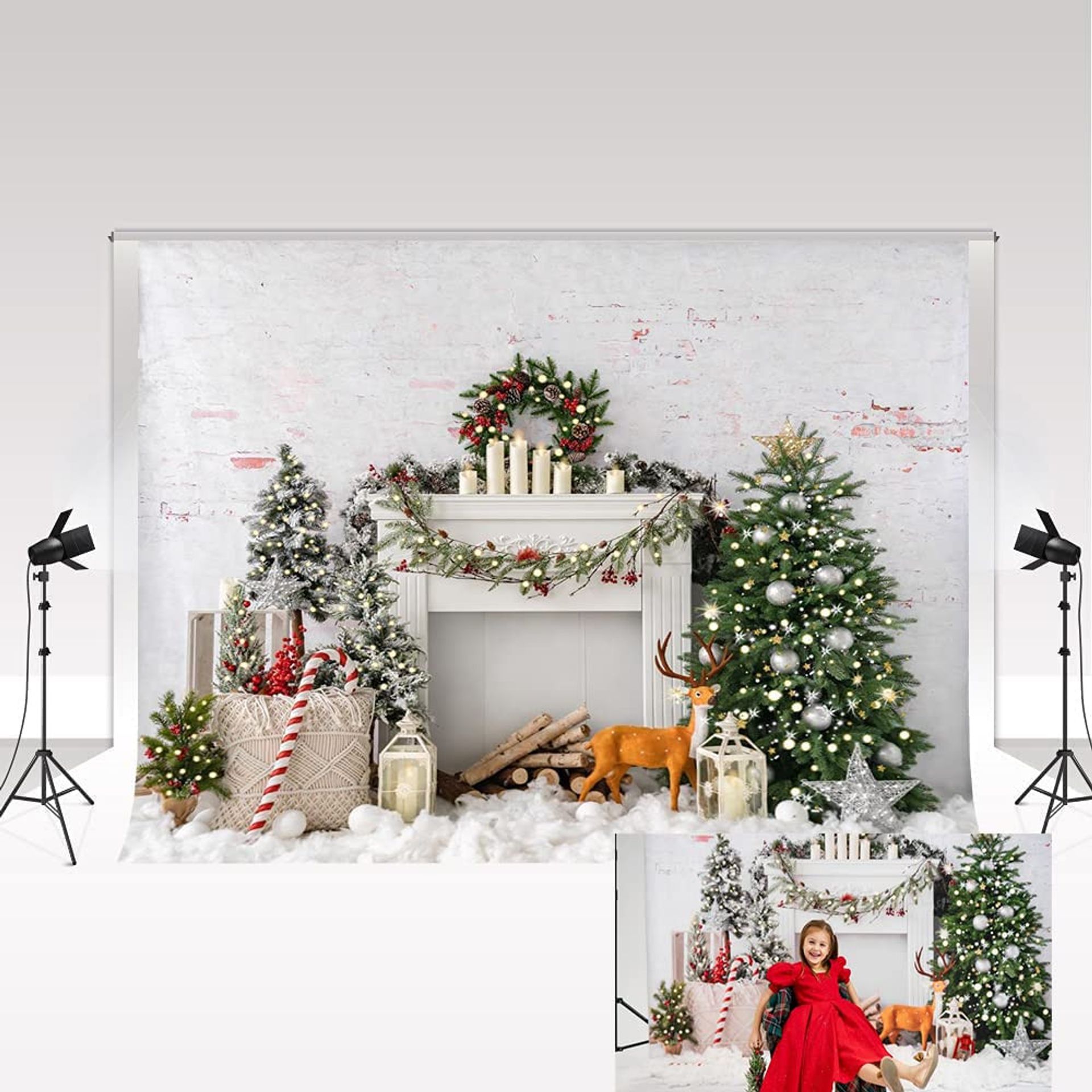 Christmas Photography Backdrop Festive Fireplace and Xmas Tree Background for Parties and Photo Studios - Type2 3x3m