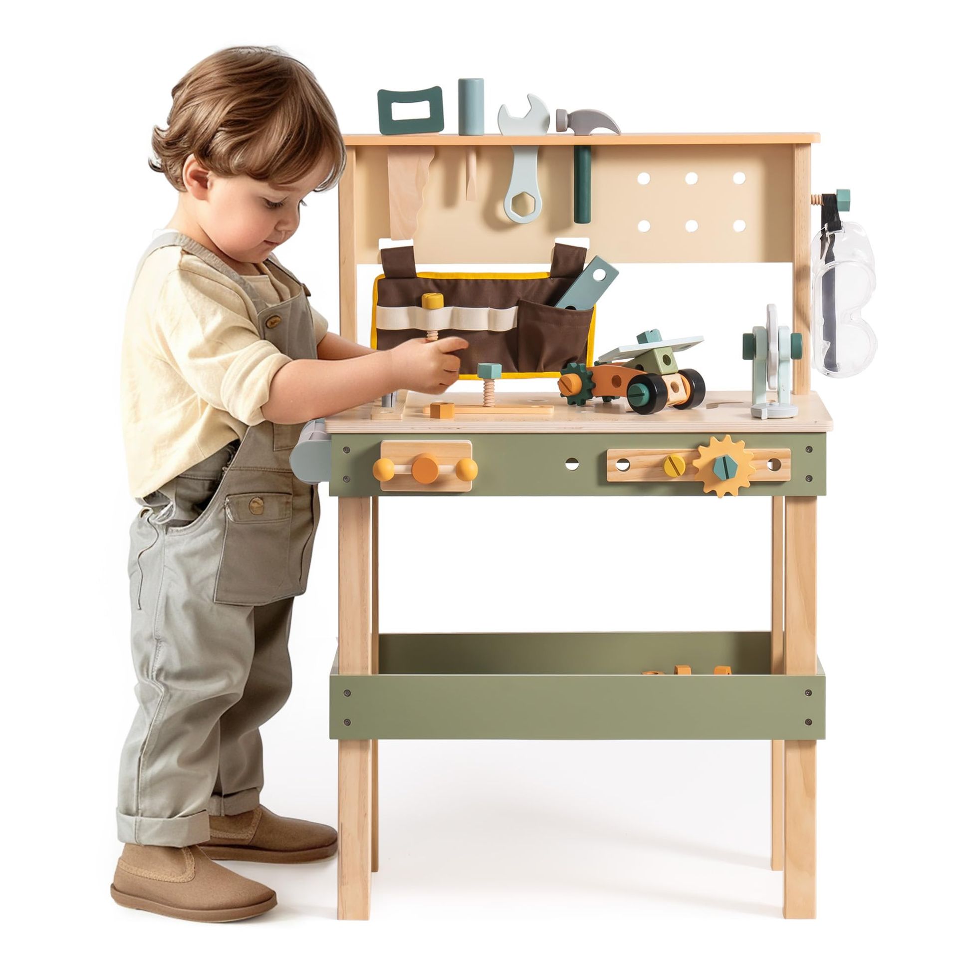 Kids Wooden Tool Bench Multi-Function Workbench Set with Tools, Gears & Drawing Paper for Creative Play Ages 3+ - Green