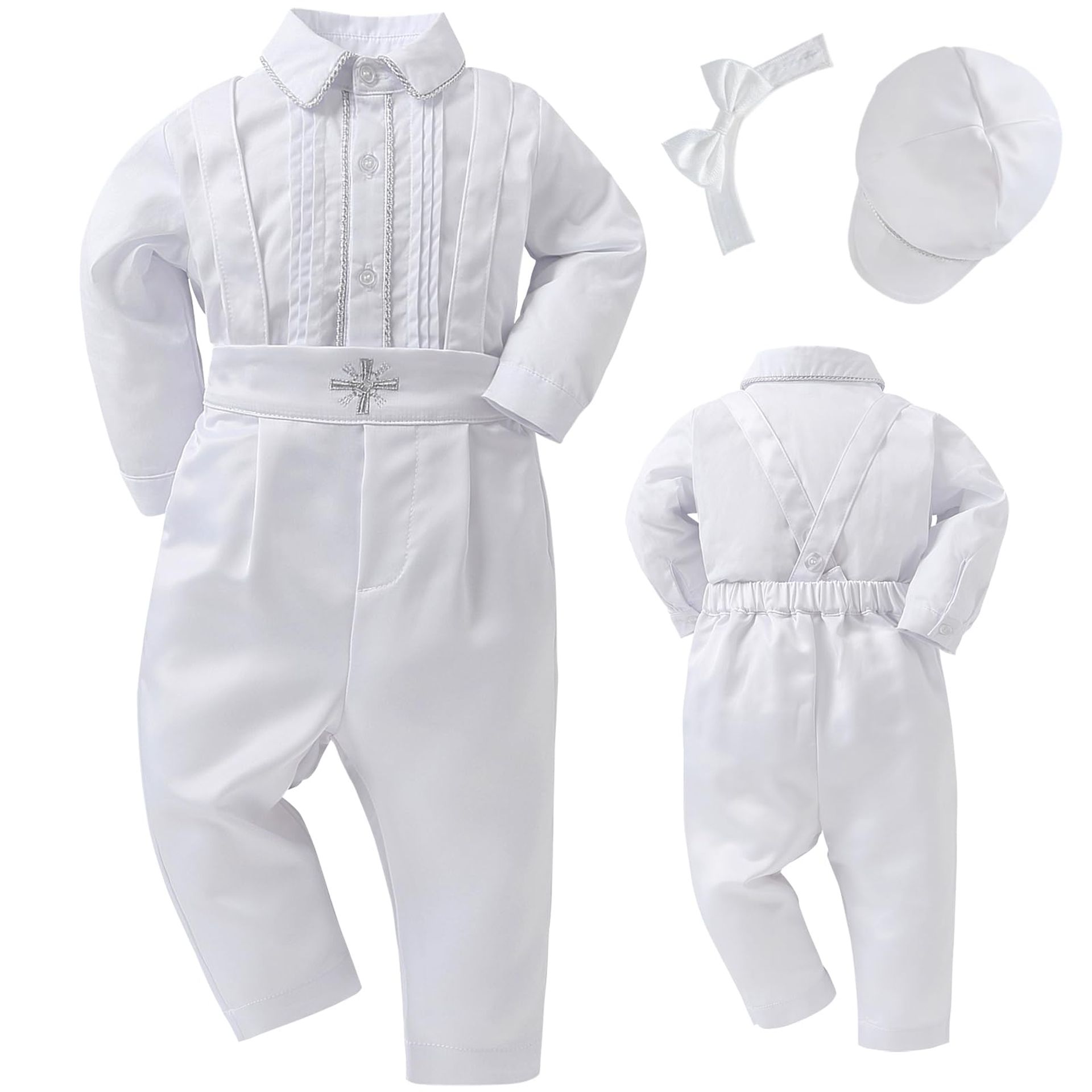 Baby Boy Baptism Christening Outfit Linen Short Sleeve Set with Bowtie and Elastic Pants - White 3-6 Months