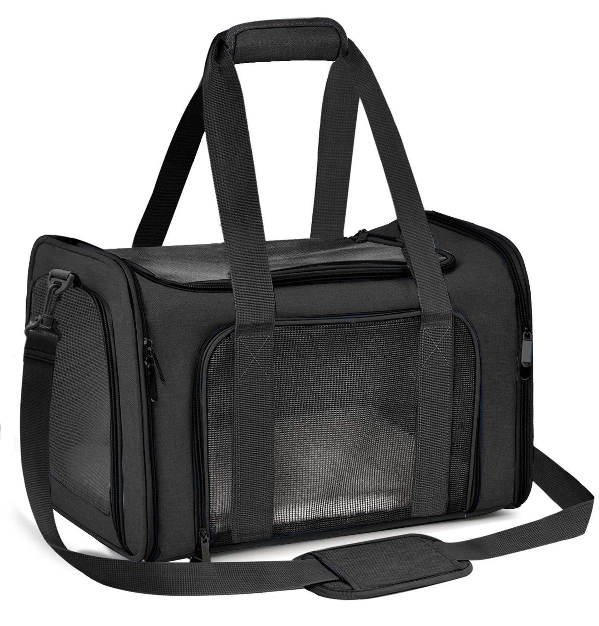 Portable Pet Carrier Soft Sided Airline Approved Foldable Travel Bag for Cats, Dogs, Rabbits up to 15lbs - Black Medium