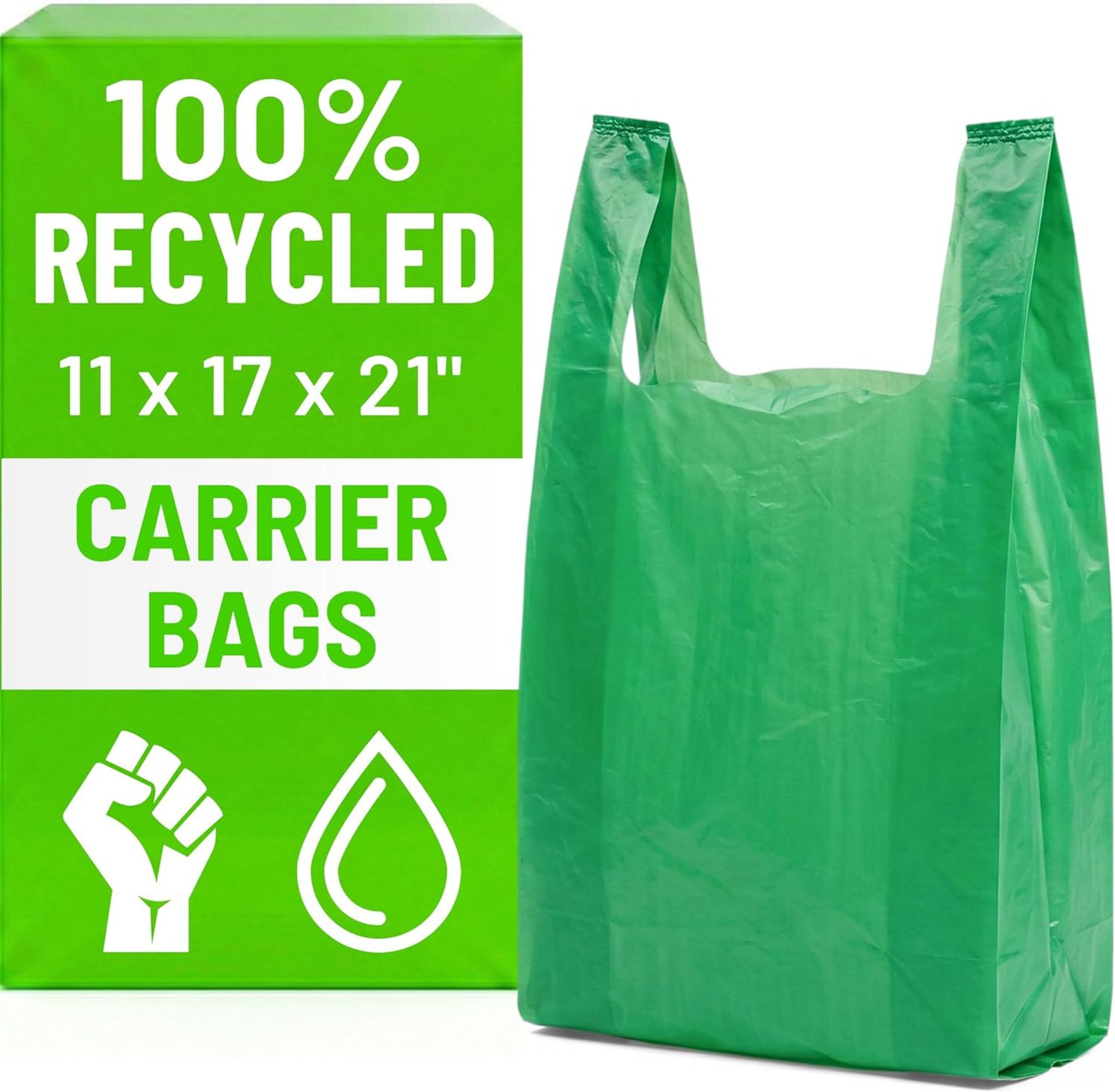 Recycled Plastic Carrier Bags 100% Eco-Friendly Medium Duty 18mu Easy Tie Handles 1000 Pack - Green Large 11 x 17 x 21"