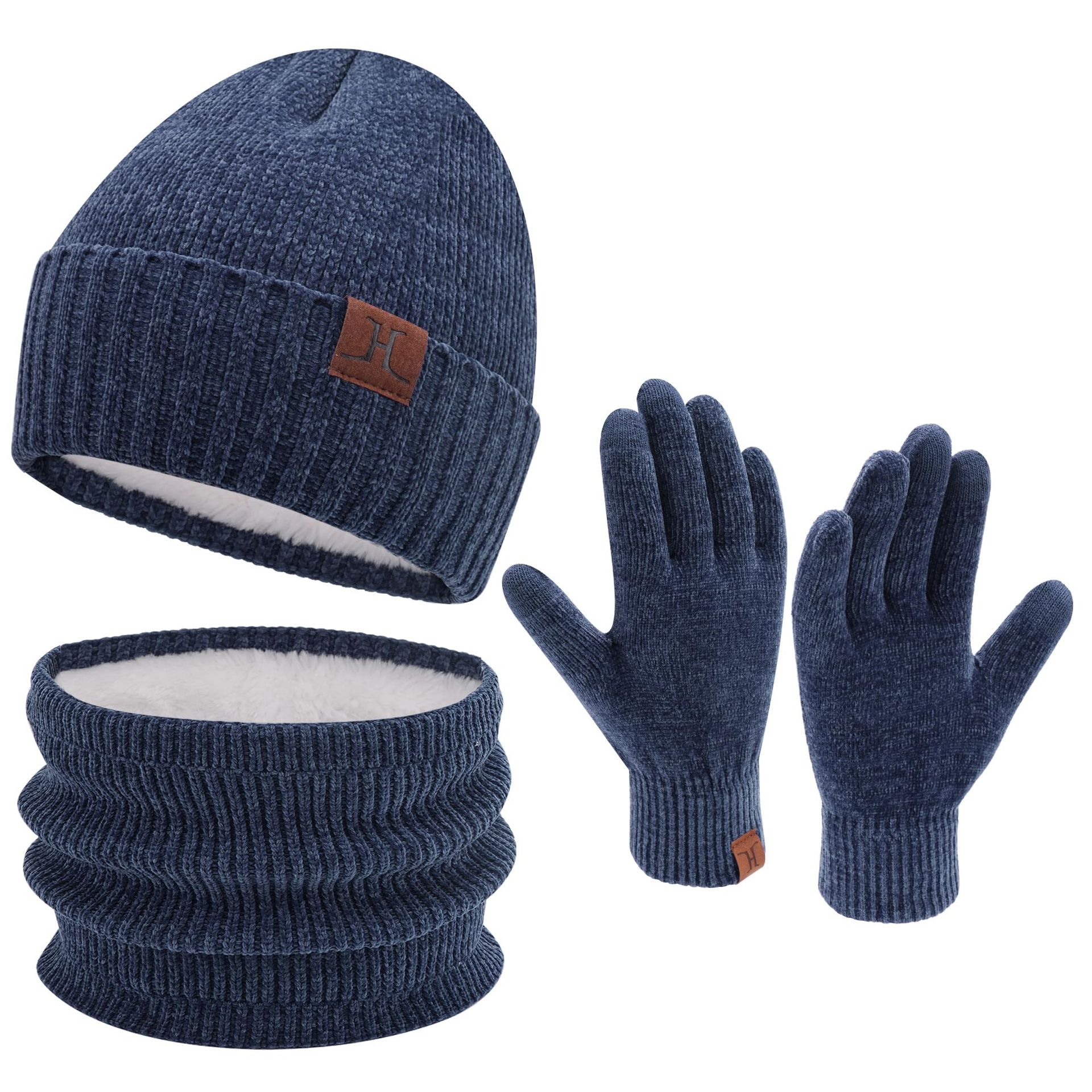 Unisex Winter Beanie Hat, Scarf & Touchscreen Gloves Set Fleece Lined Warm Chenille - Navy Blue One Size