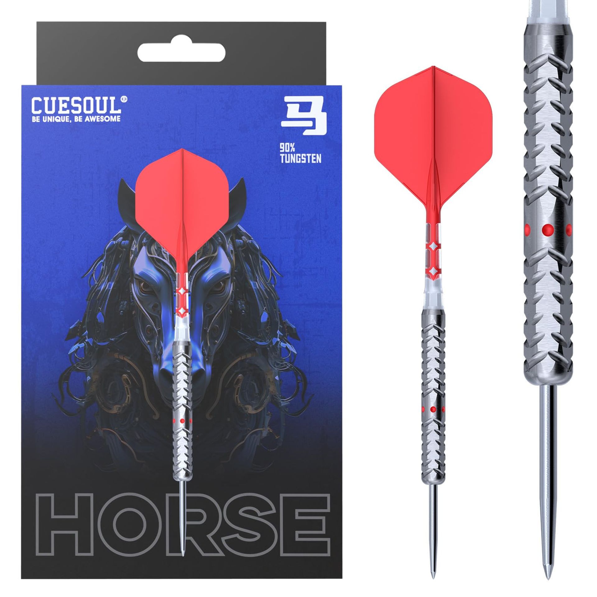 Steel Tip Tungsten Dart Set 90% Tungsten 24g with Titanium Coating and ROST T19 Flights - Zodiac Horse 24g