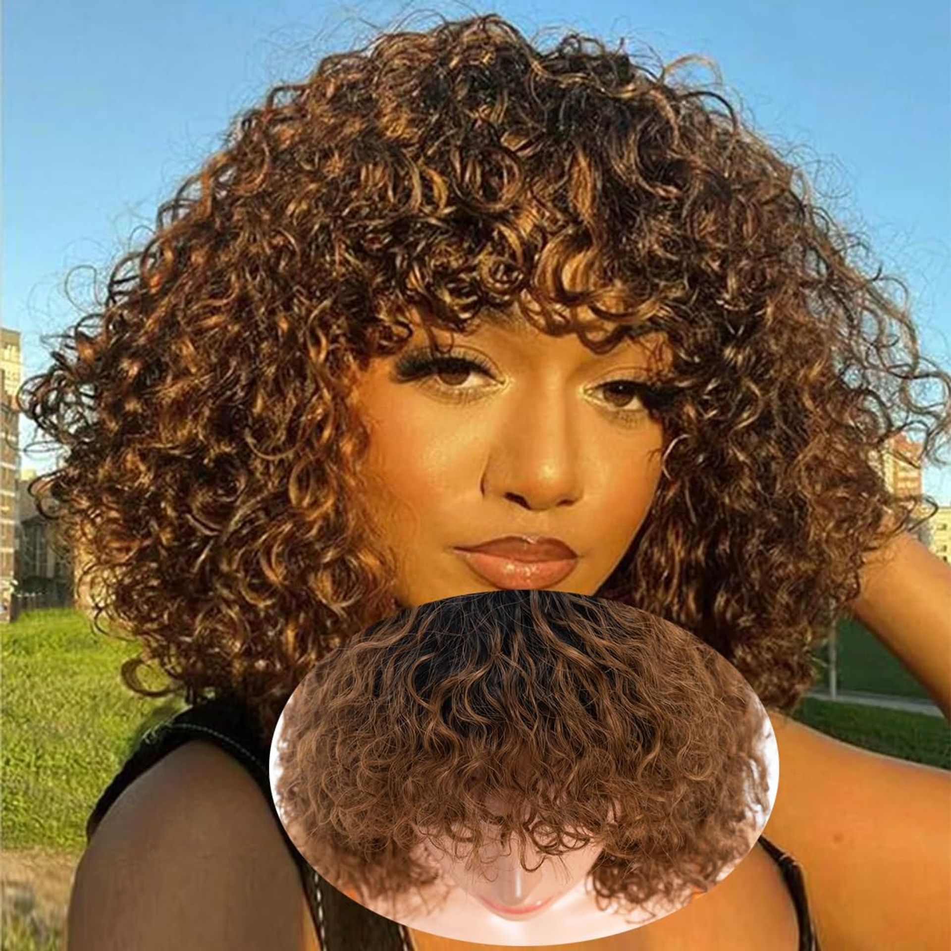 Short Curly Wig with Bangs 100% Human Hair for Black Women Afro Bob 180% Density - TT2/27 14 Inch