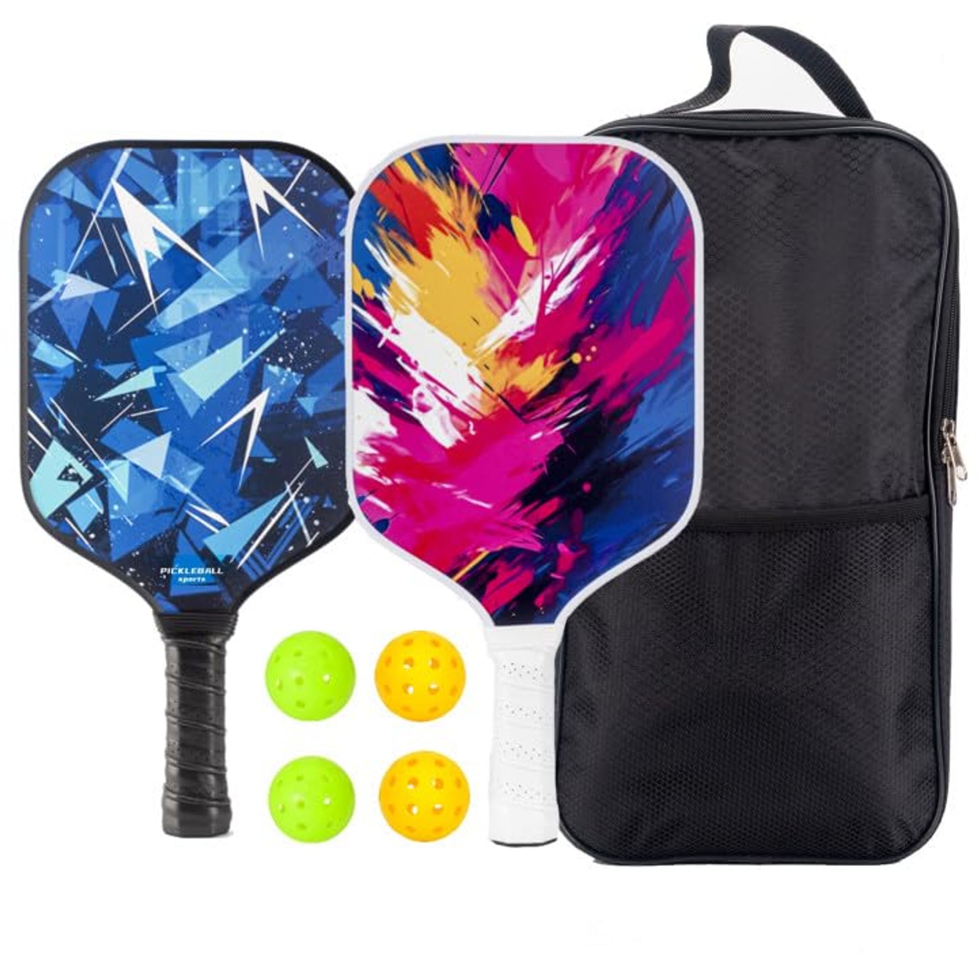Pickleball Paddle Set of 2 Fibreglass Rackets with 4 Balls & Carry Bag - Mix Colours 10.6 x 7.8 inch