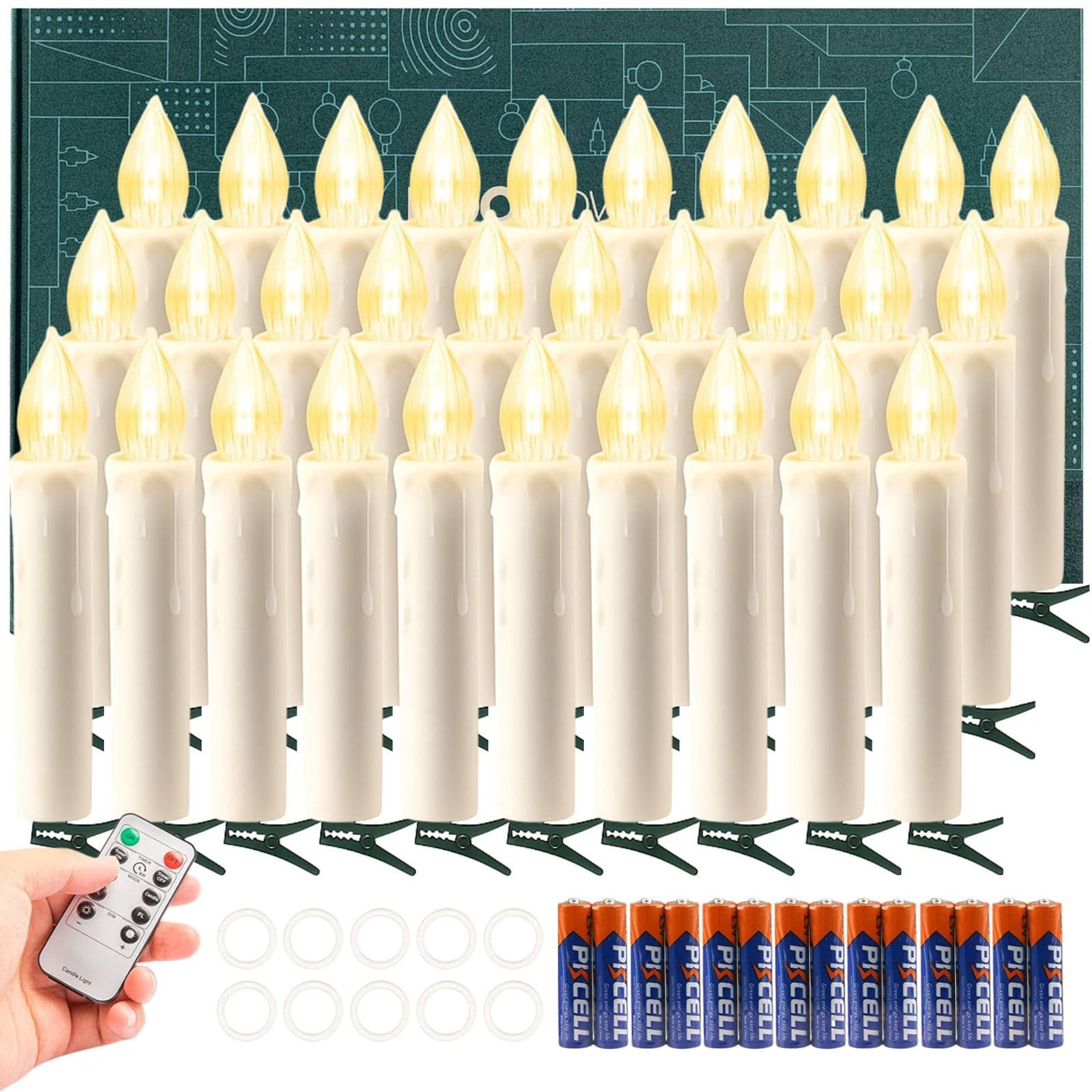 Battery Operated Flameless LED Candles with Timer, Remote & Clips Set of 40 - Ivory Cordless