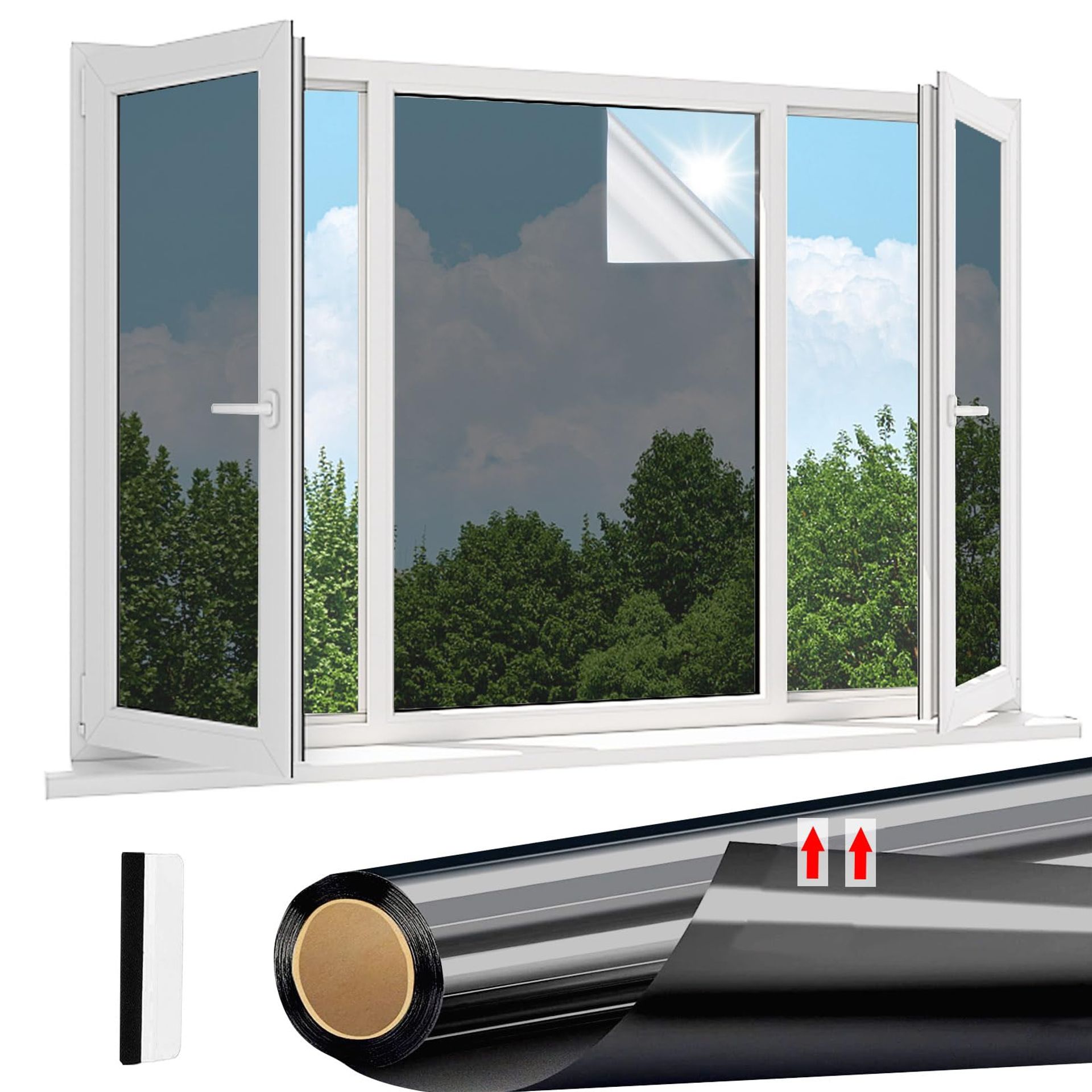One Way Window Film Privacy Reflective UV Blocking Anti-Glare for Glass Windows Home Office - Black 75x200cm