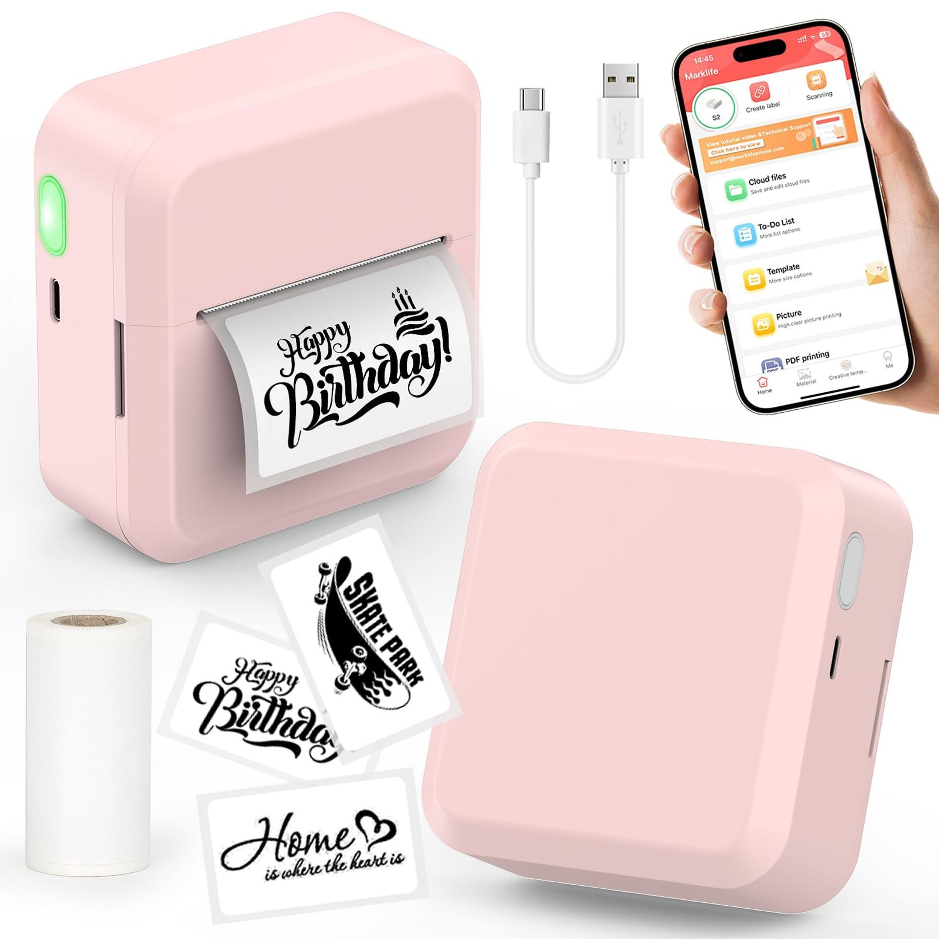 Portable Bluetooth Label Maker Machine Wireless Mini Thermal Printer with 30x50 mm Tape, for Home, Office & Kitchen - Black and White Mini
