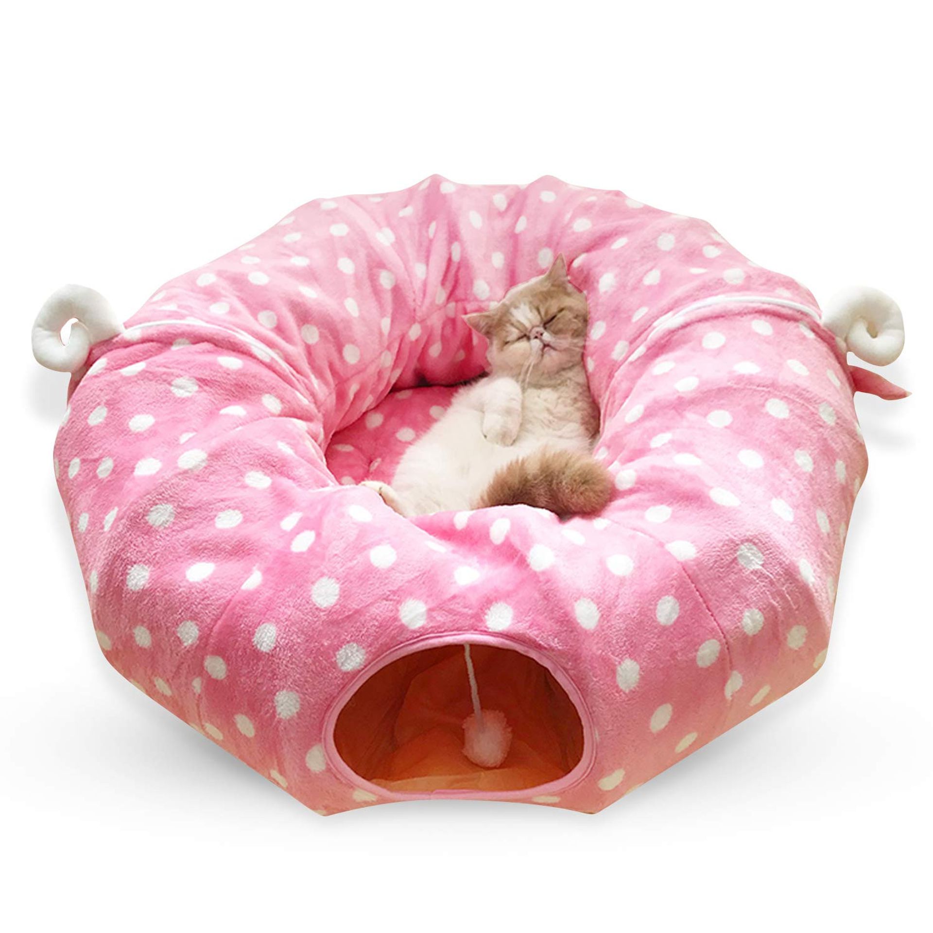 Cat Tunnel Toy with Ball Interactive Pop-Up Collapsible Play Tunnel and Bed for Kittens - Pink B 1 Count
