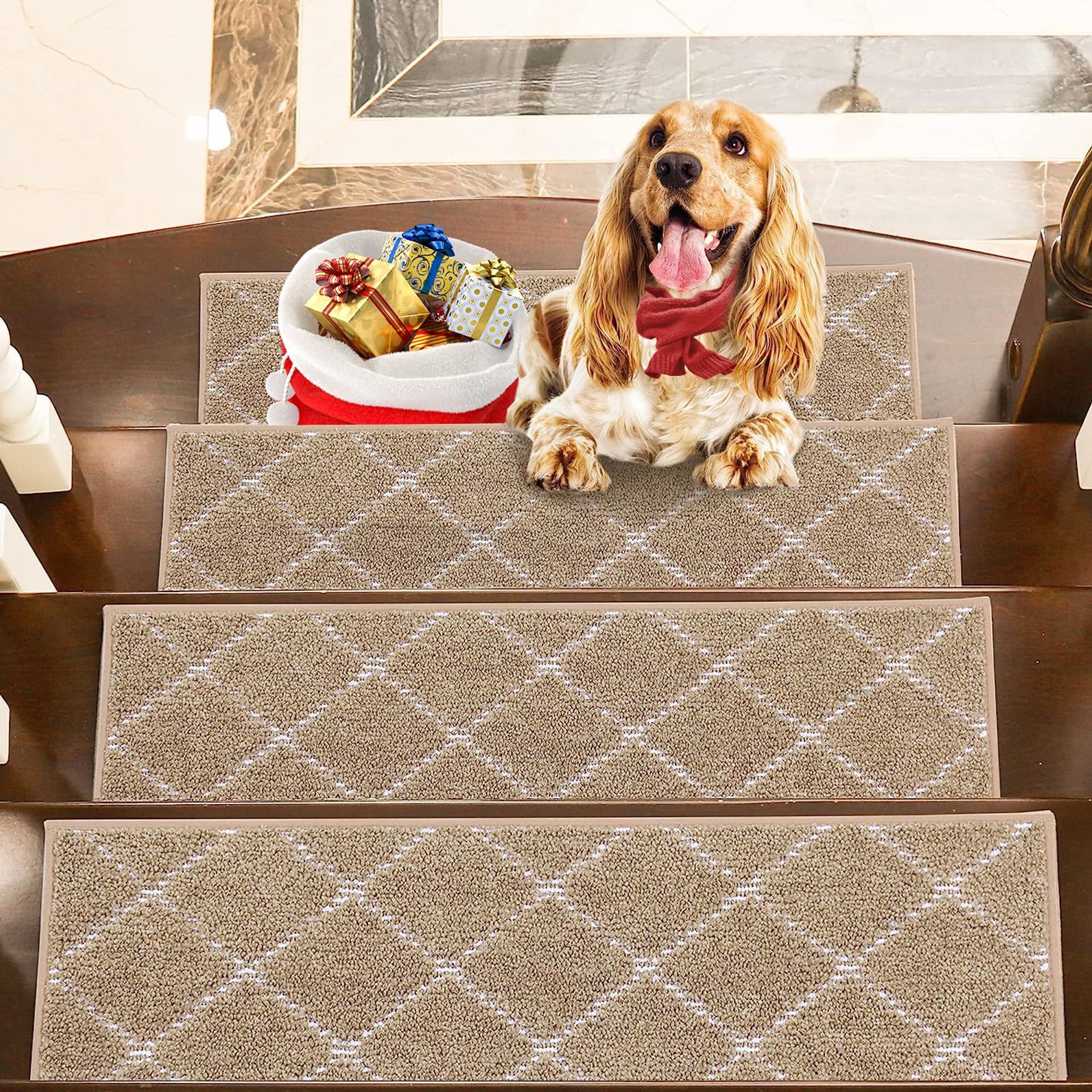 Anti Slip Stair Treads Machine Washable Carpet Mats for Safety and Comfort - Beige 4 pcs