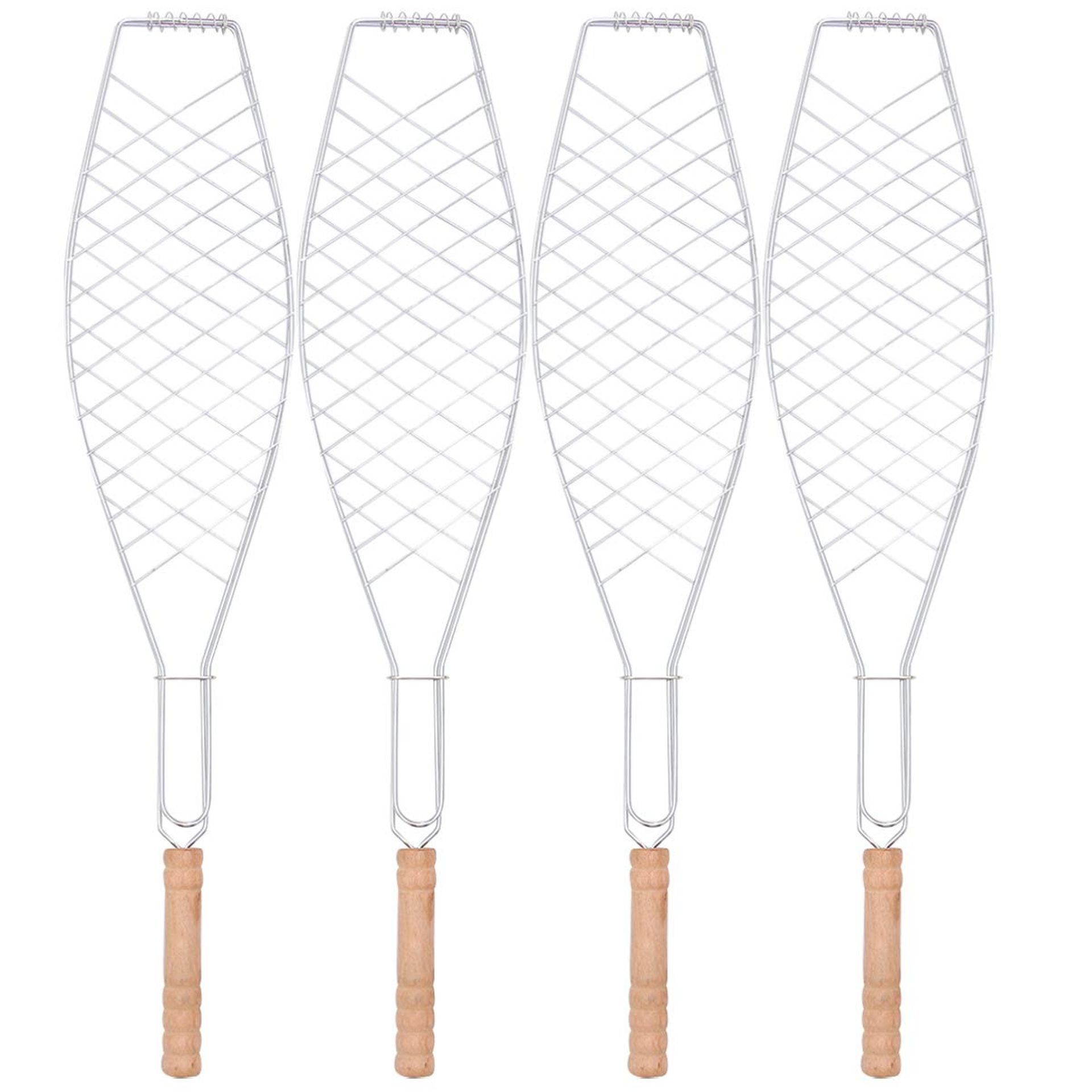 Non-Stick BBQ Grill Basket with Wooden Handle 23.6 Inch Fish Clip for Outdoor Barbecue, Camping and Picnic - Stainless Steel