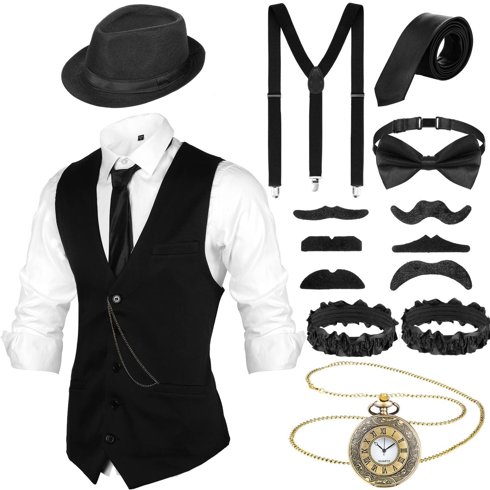 Men's 1920s Gangster Costume Set with Vest Hat Pocket Watch Suspenders Bow Tie Beards - Black Large