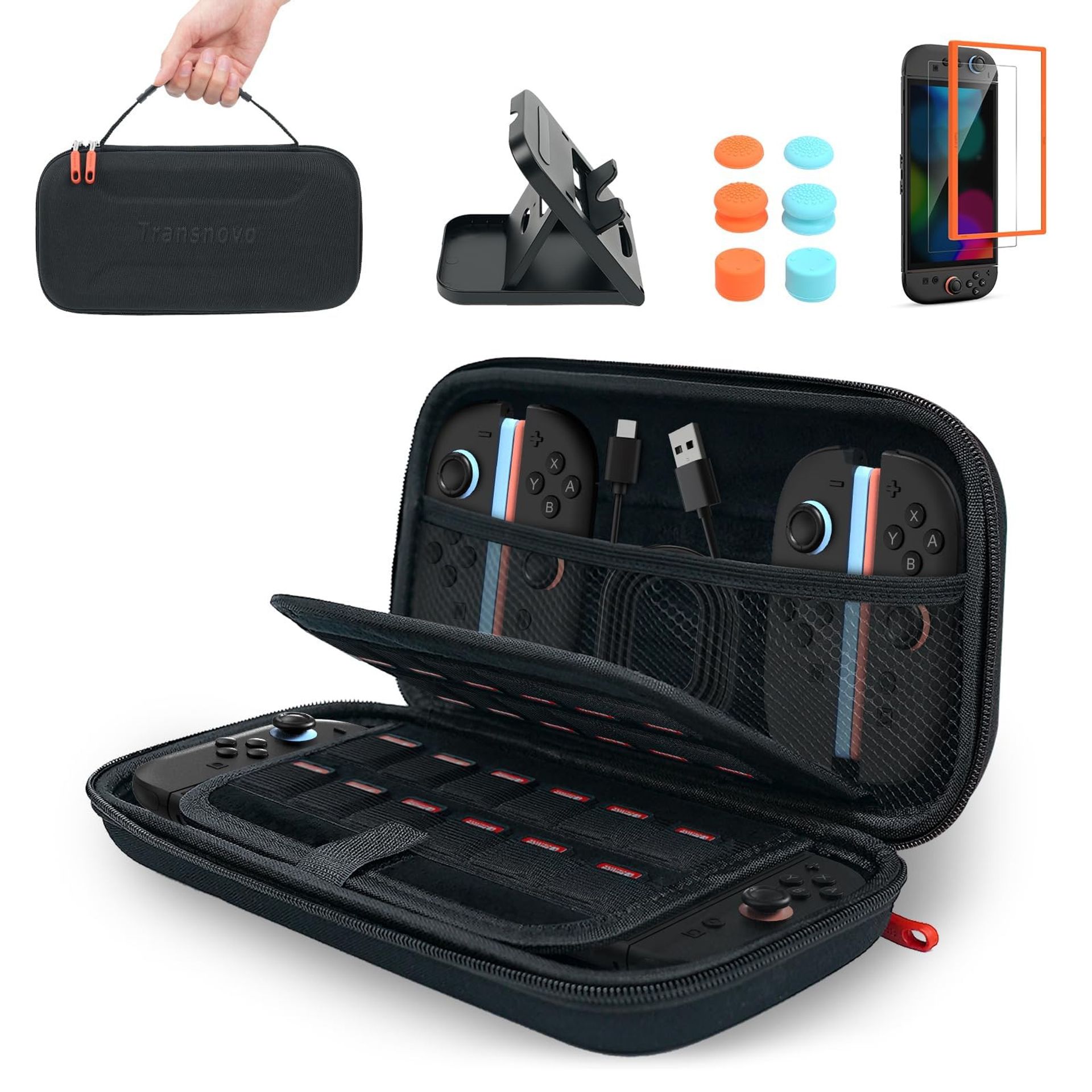 Carry Case & Screen Protector Compatible with Nintendo Switch 2, Travel Case with 24 Game Card Slots, Thumb Grips & Stand - Black 16PCS Case