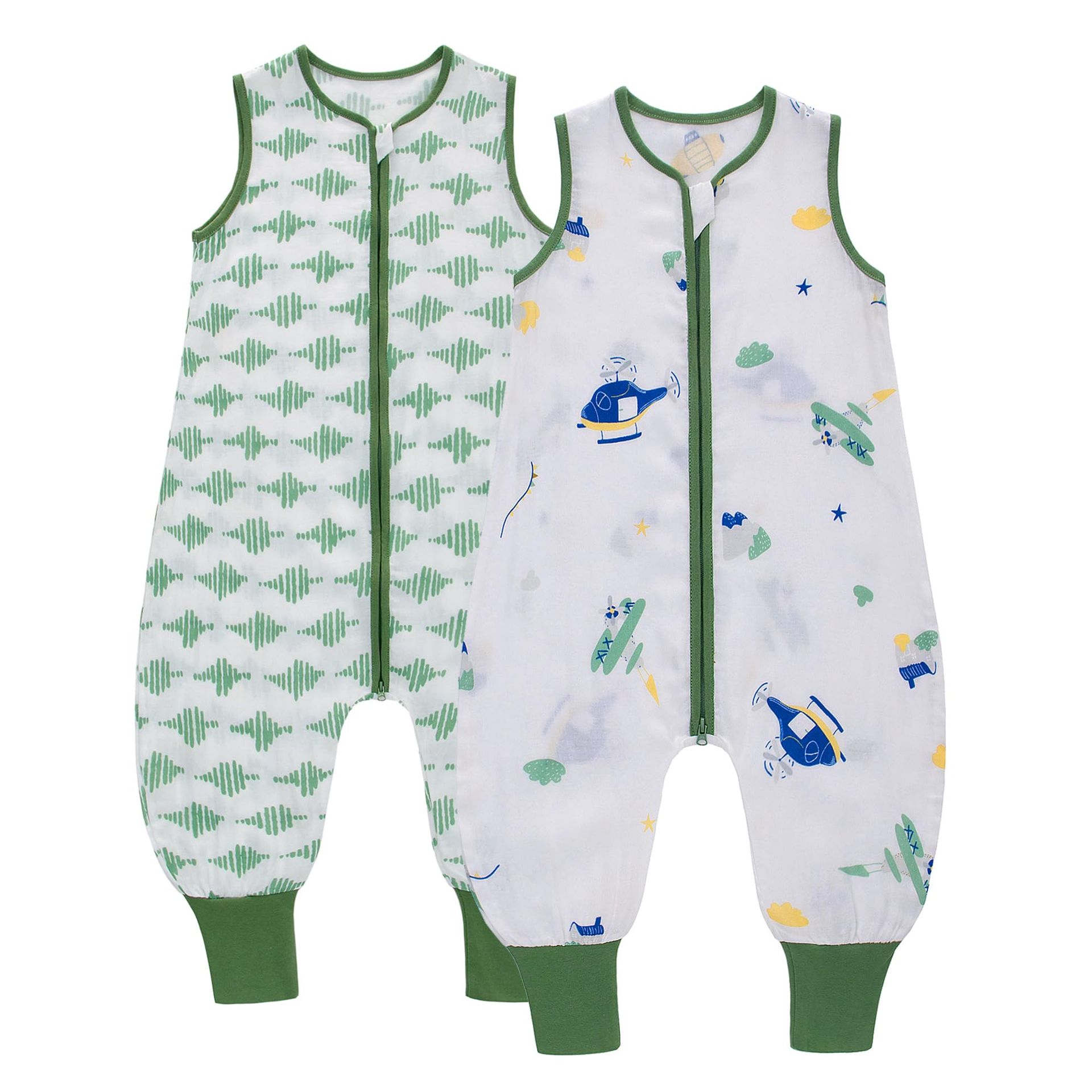 Baby Summer Sleeping Sack with Feet 0.5 Tog 100% Cotton Muslin Wearable Blanket Sleeveless Design 2 Pack - Green Airplane+Stripe M/80 (1-2T)