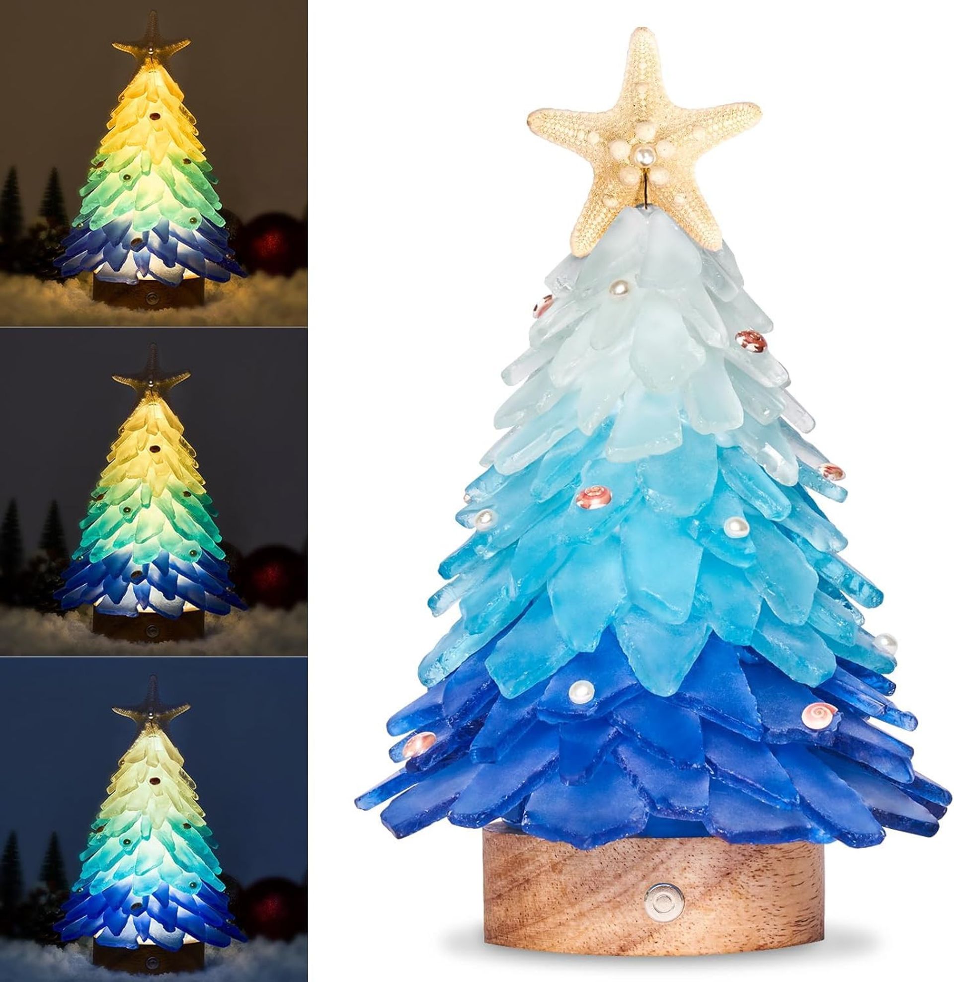 Handcrafted Sea Glass Christmas Tree Mini Ornament with LED Lights for Coastal Holiday and Table Décor - Blue Gradient 21 cm