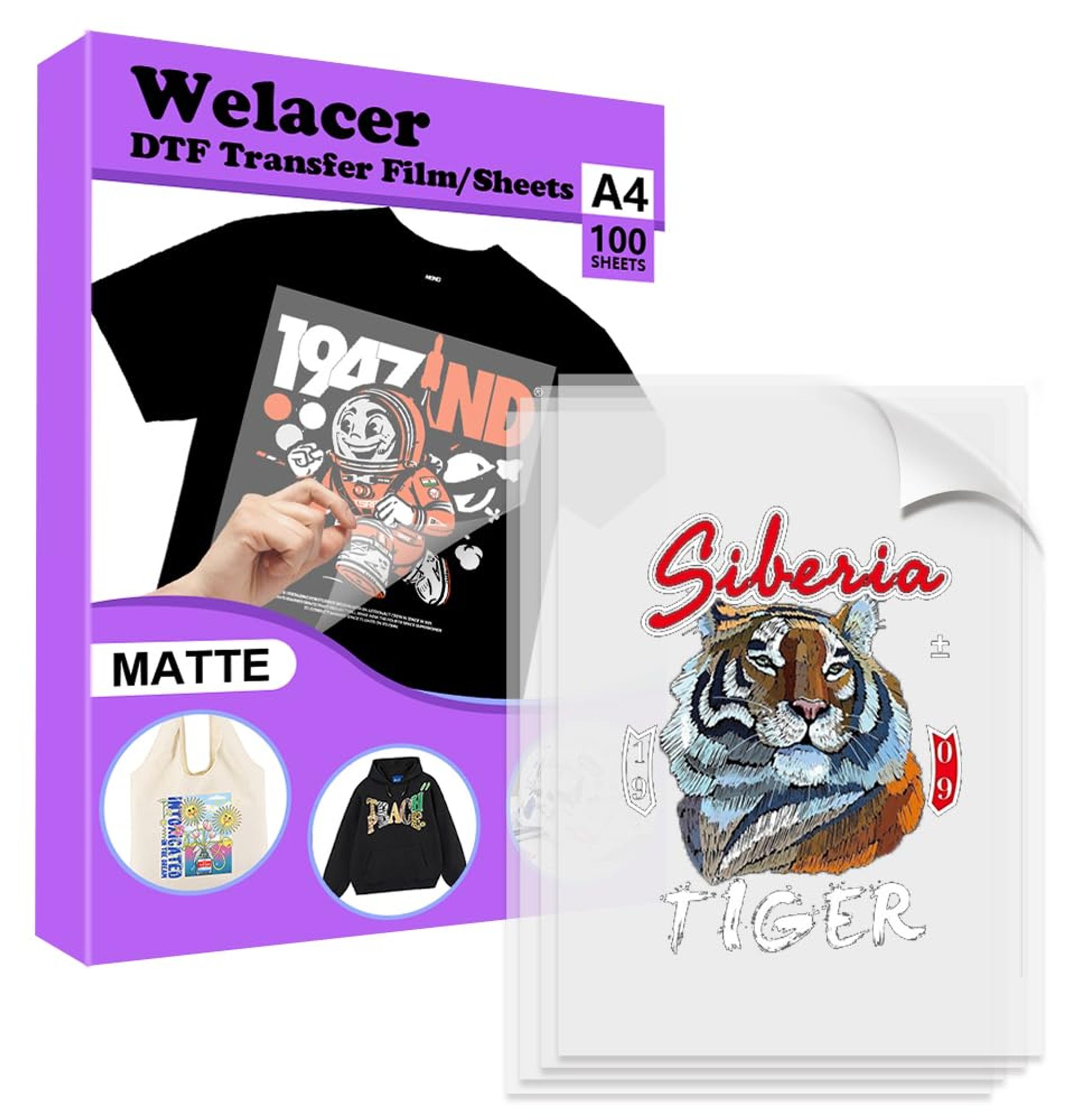 DTF Transfer Film Paper Double Sided Matte Finish Clear Pretreat Sheets for DIY Fabric Printing and T-Shirts - White A4 (50 Sheets)