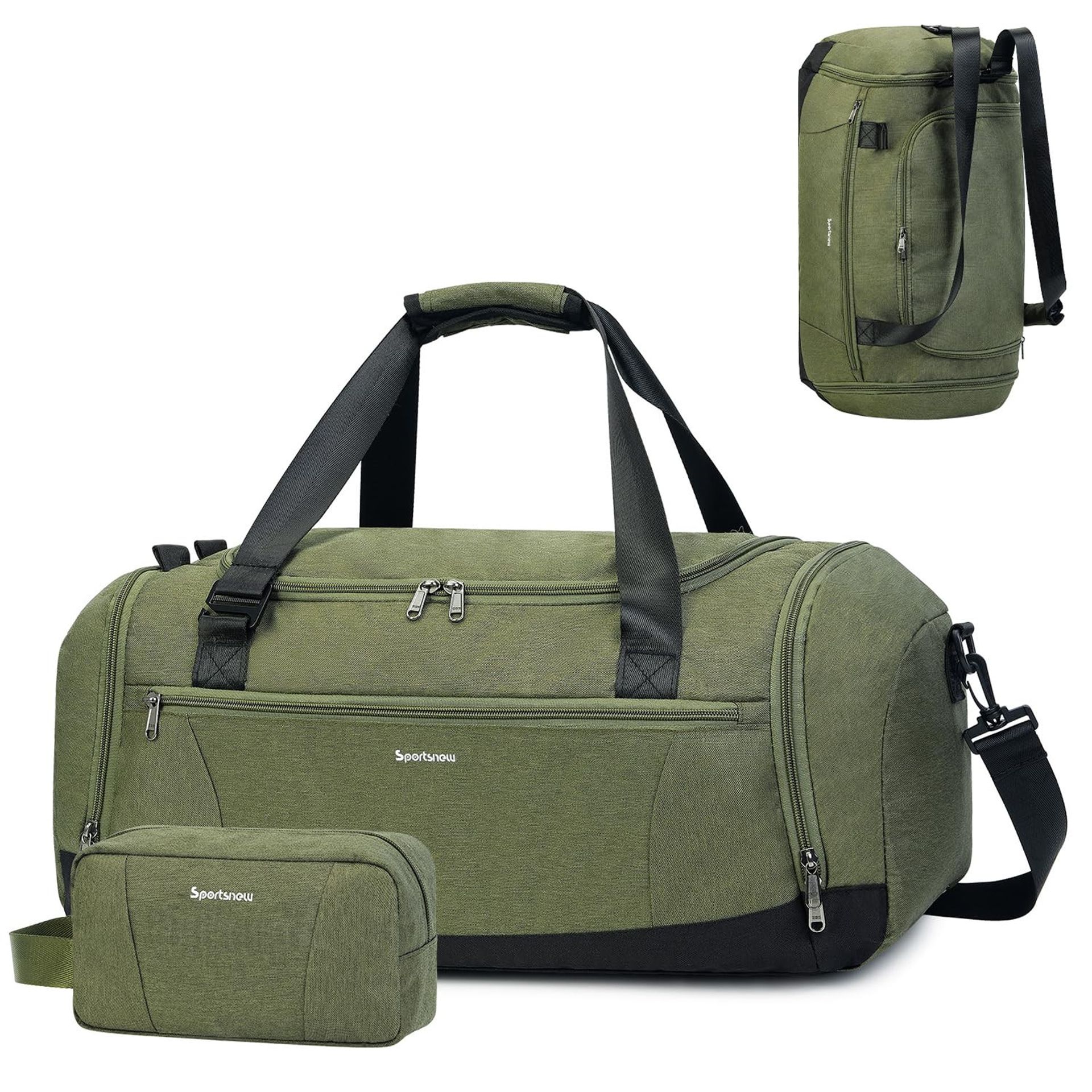 Gym Bag Backpack Travel Holdall with Shoe & Wet Compartments, Toiletry Bag, Shoulder Strap & Trolley Sleeve - Army Green