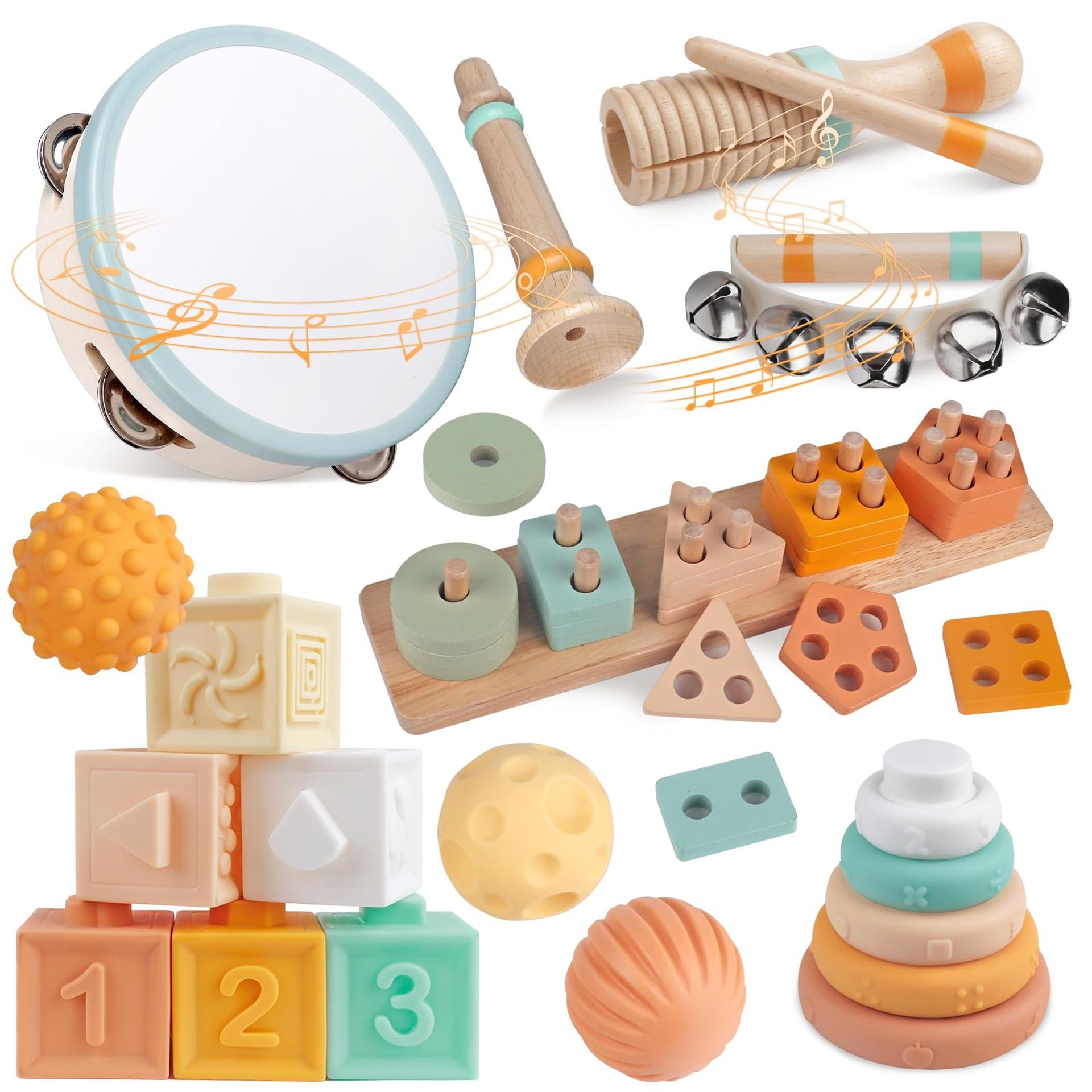 Wooden Musical Instruments Set for Toddlers 8-in-1 Montessori Toy with Stacking Rings and Percussion for Early Learning - Orange Yellow Green White Piccolo