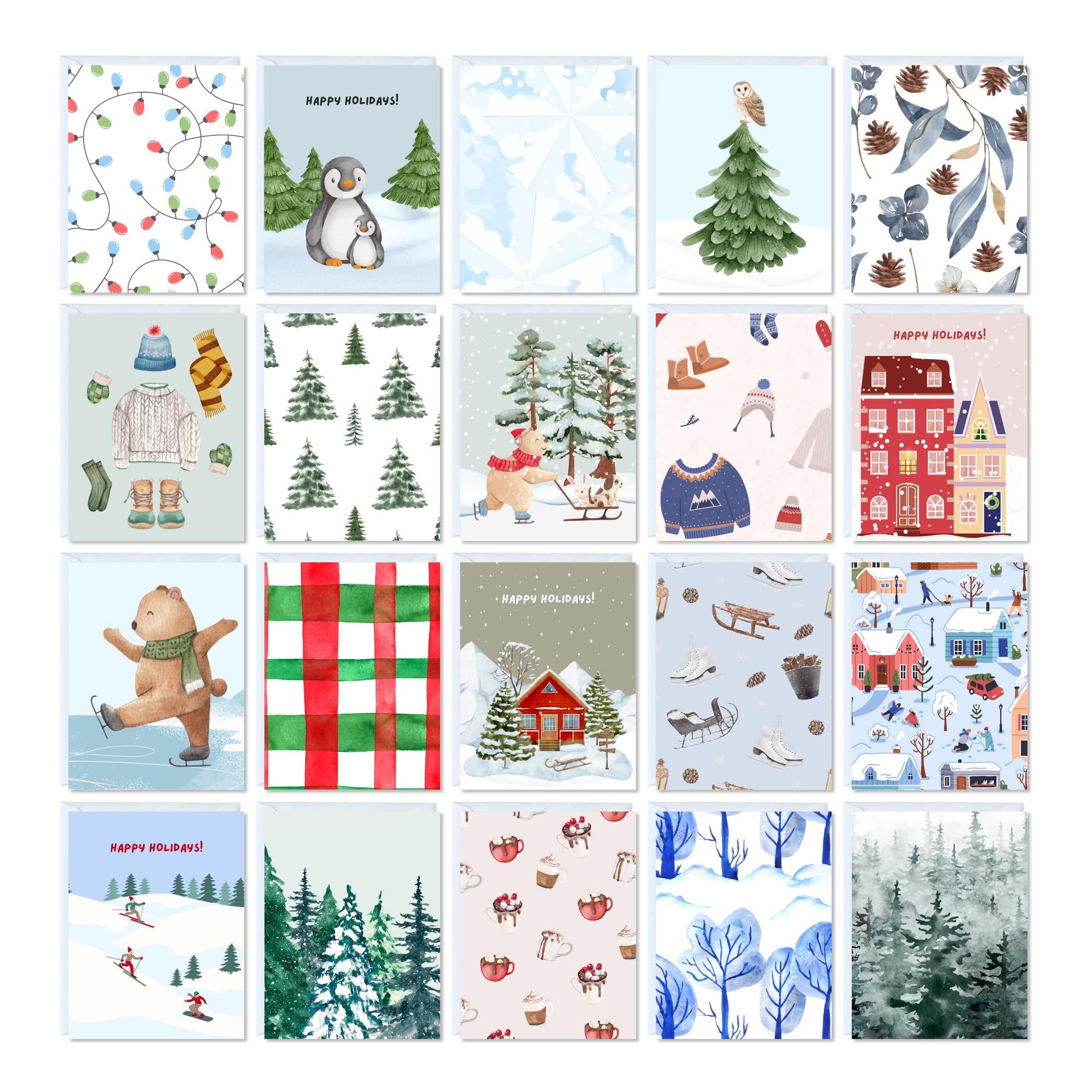 Cute Christmas Card Pack 20 Festive Greeting Cards Blank Inside with Envelopes - Holiday Winter 14 x 11 cm