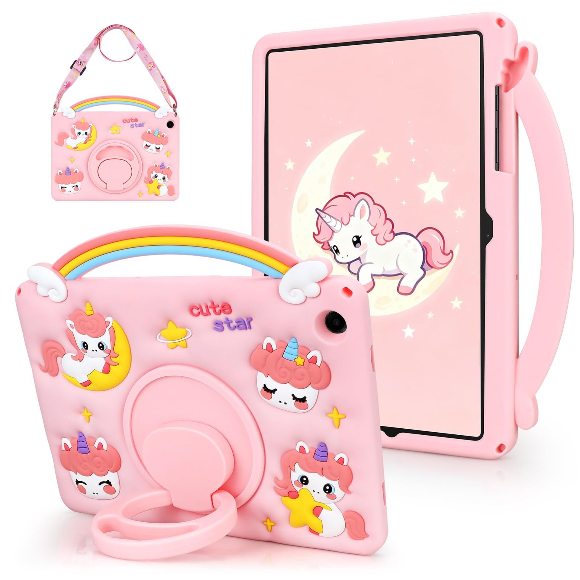 Kids Tablet Case for Samsung Galaxy Tab A9 Plus 11" 2023 with 360° Rotating Stand & Shoulder Strap - Rainbow Pink