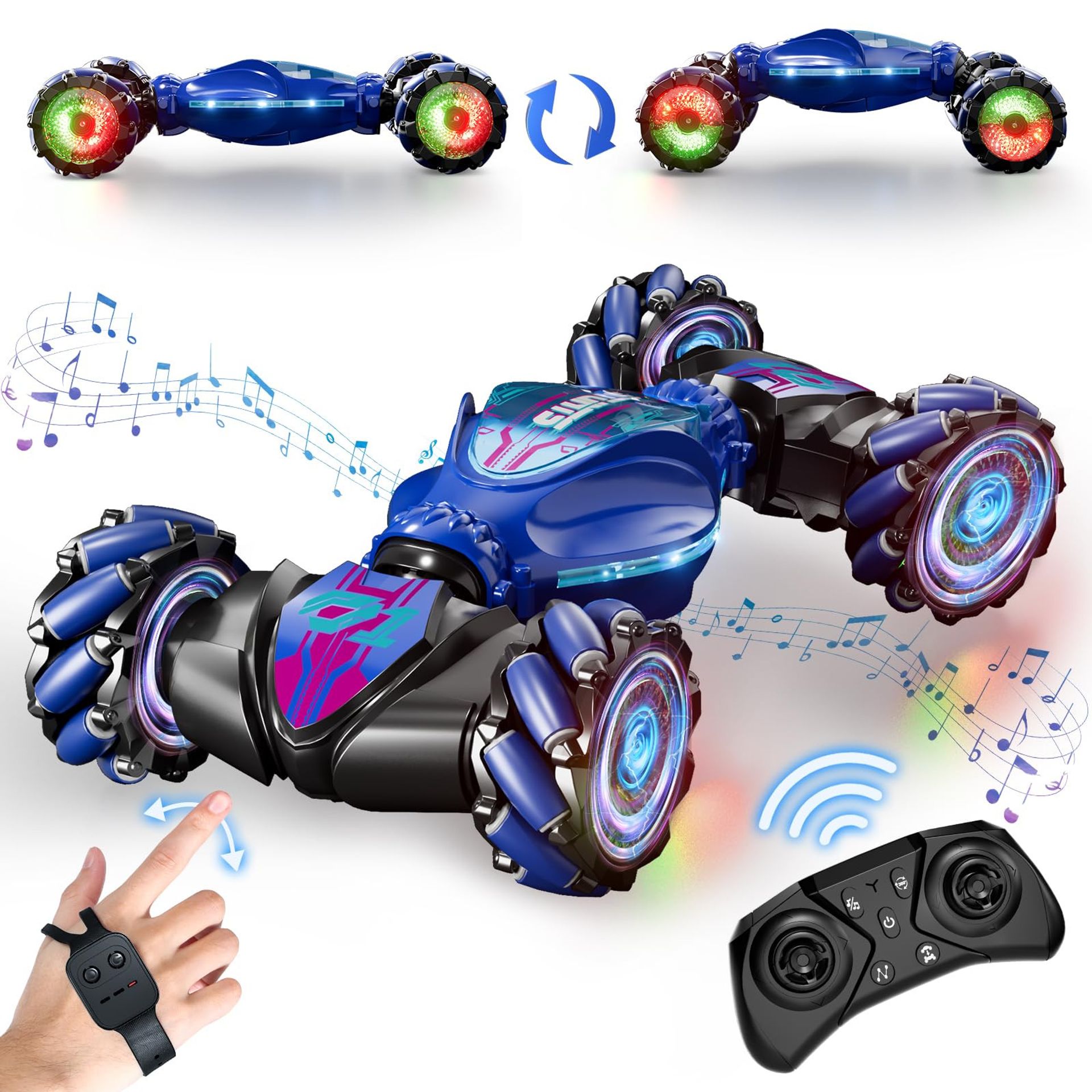 Gesture Sensing RC Stunt Car 4WD 2.4GHz Remote Control with Lights & Music for Kids 8+ - Blue Small