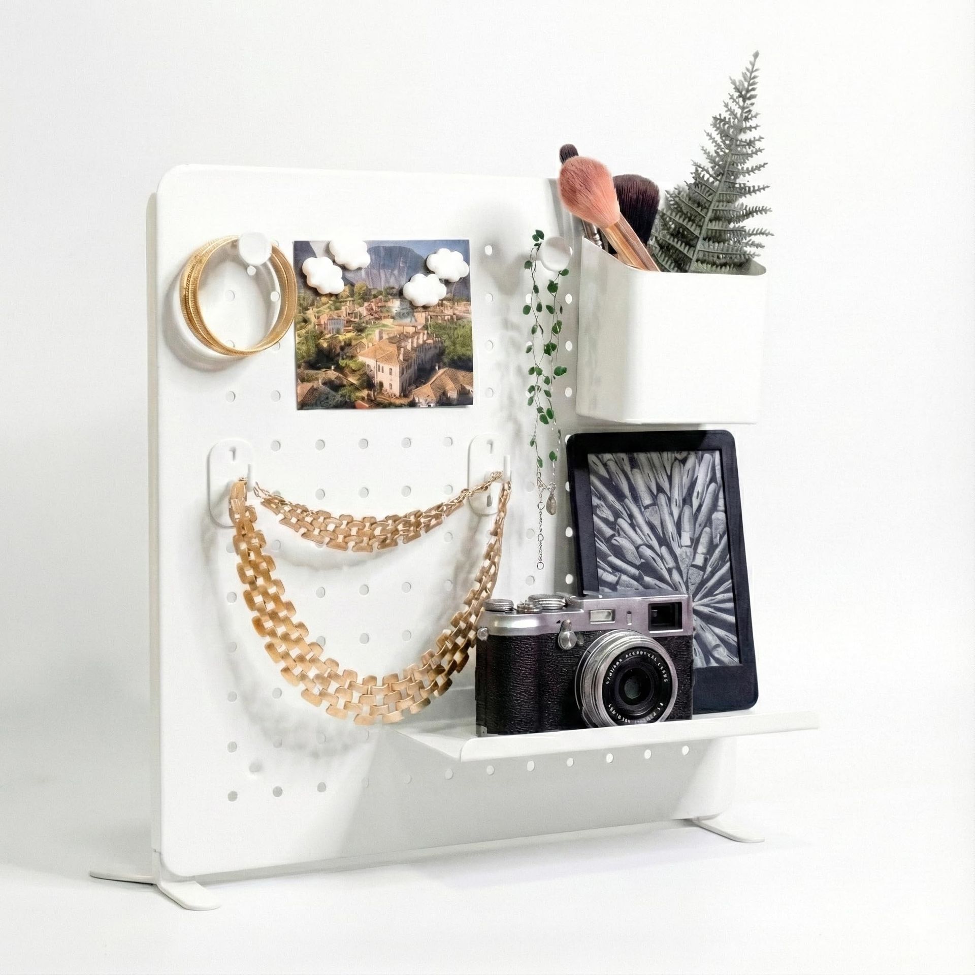 Metal Pegboard Freestanding or Wall Mounted Organiser with Accessories & Stand for Home and Office - White 37x37cm - Valentines