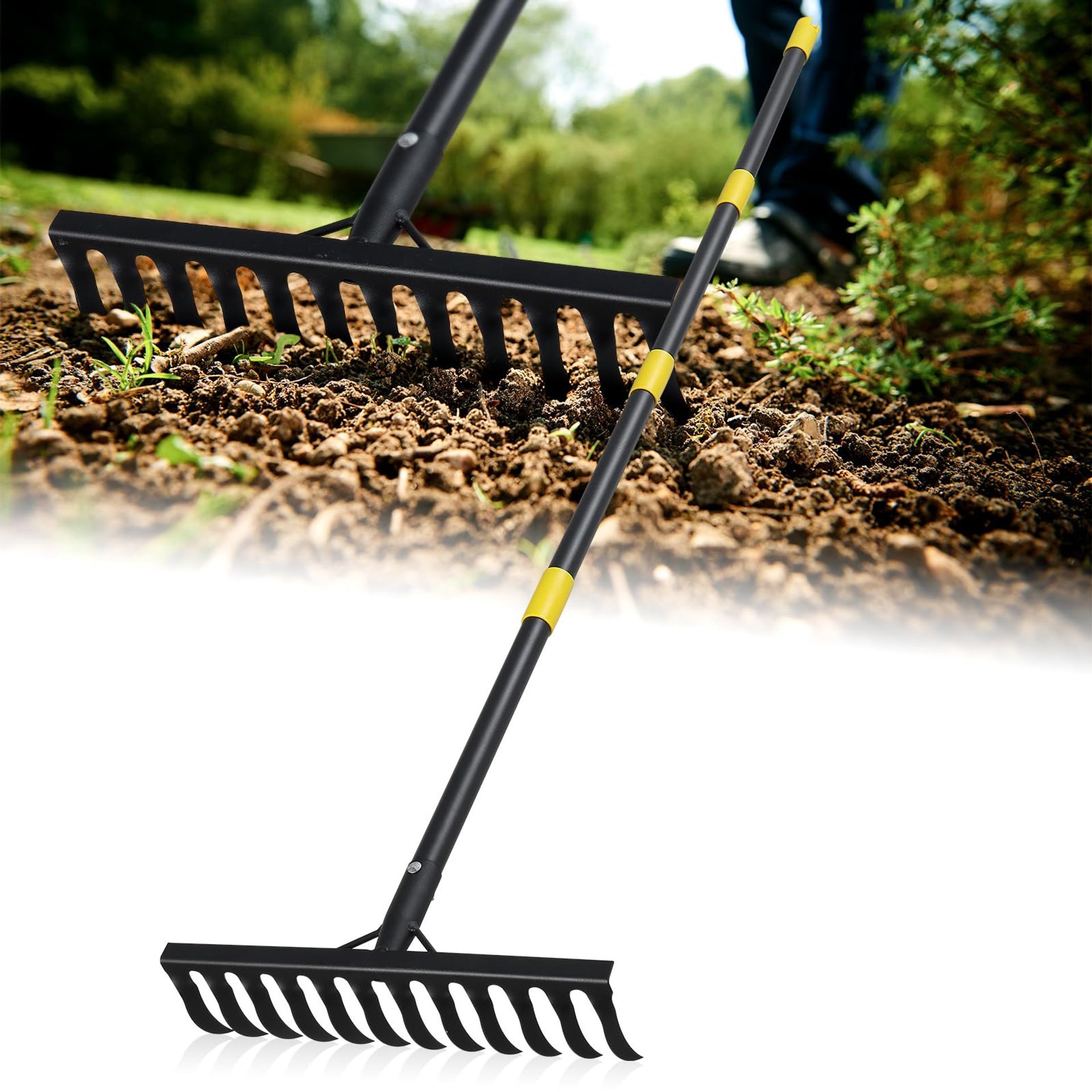 Heavy Duty Garden Bow Rake 12 Tine Steel Head Long Handle for Soil, Leaves & Weeds - Black 5 FT