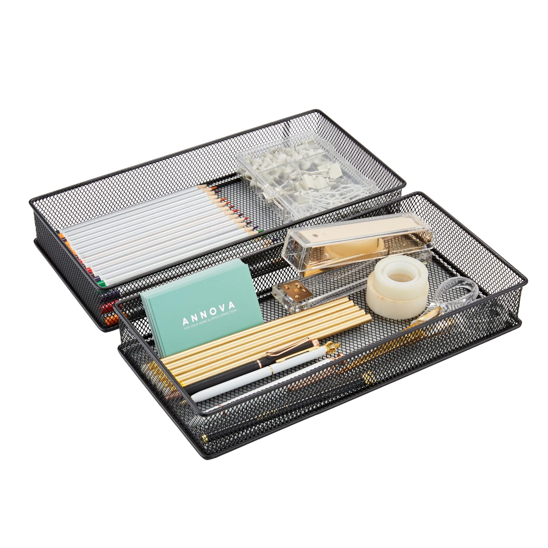 Mesh Drawer Cabinet and Shelf Organiser Bins Set of 2 for Office, School or Home Storage - Black 30.5x15x5 cm - Student Essentials