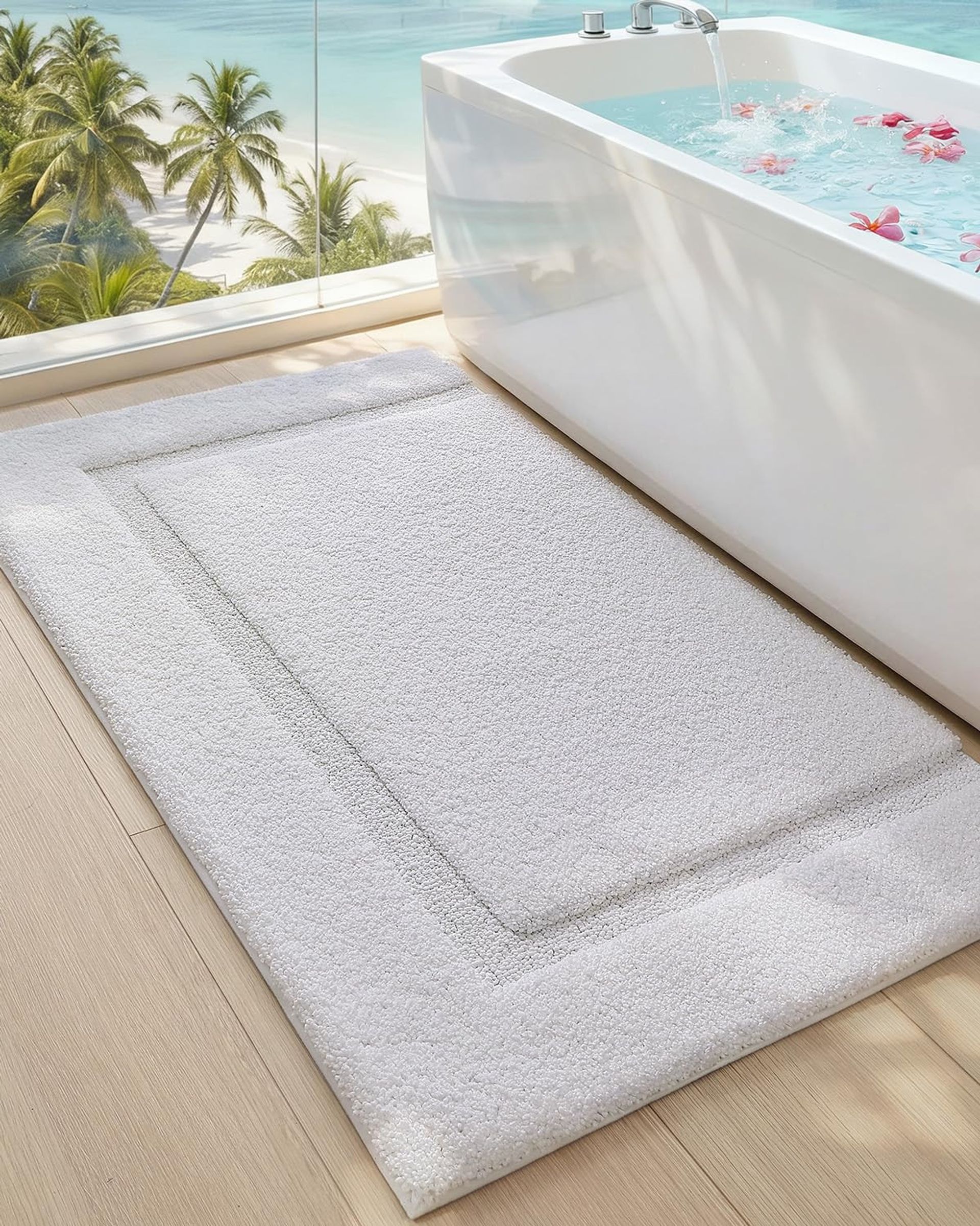 Large Bath Mat Extra Soft Non Slip Water Absorbent Fast Drying for Bathroom and Tub - White 61x110 cm
