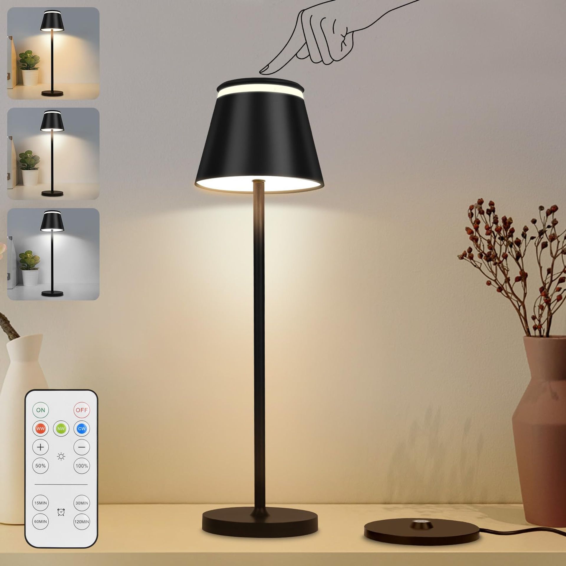 Rechargeable Cordless Table Lamp Set 3 Colour Touch Dimmable LED Waterproof Portable Lighting for Home & Outdoor - Black 2pcs